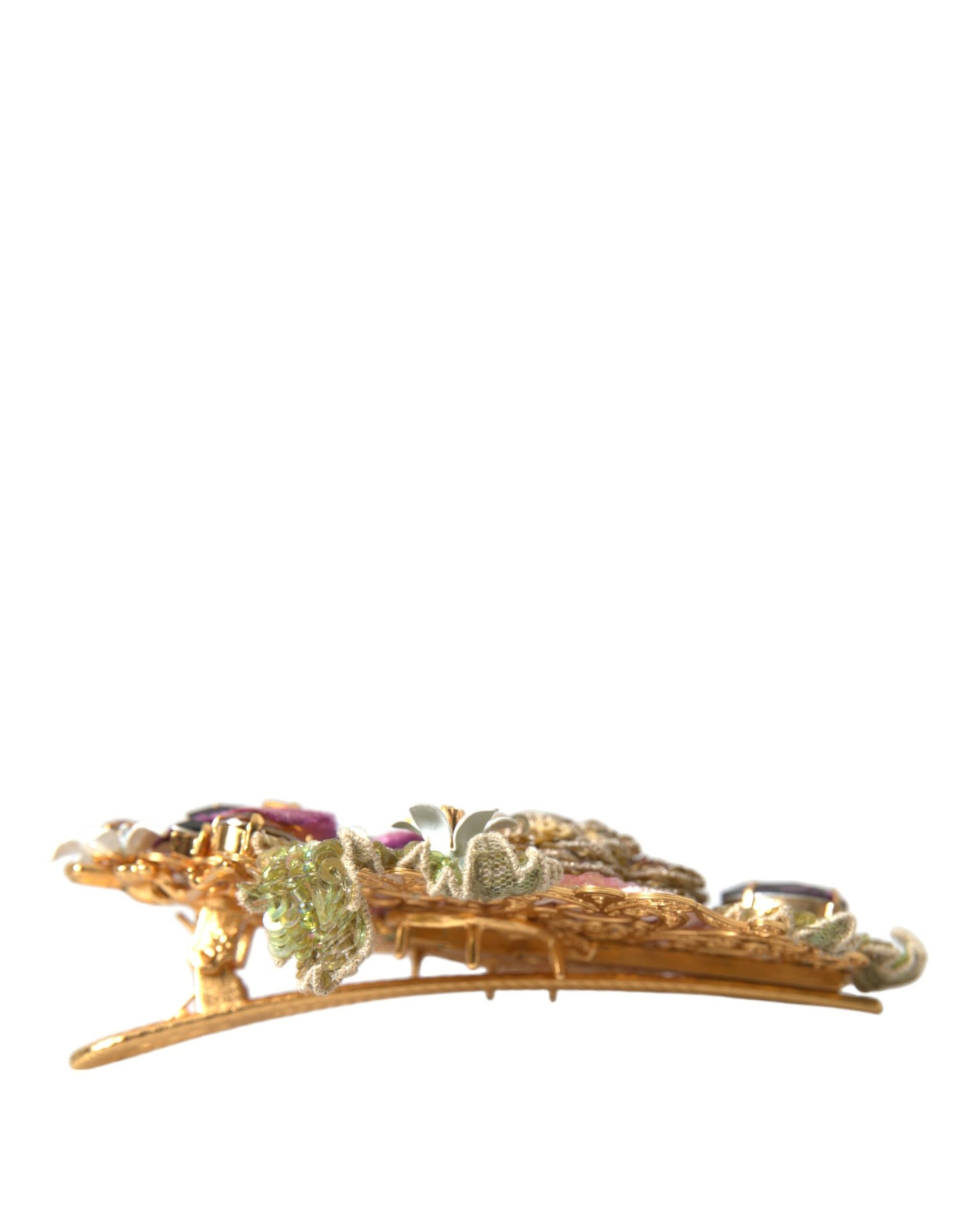 Dolce & Gabbana Gold Brass Floral Crystal Sequined Hair Clip Curated Luxury Accessories by Orvyn
