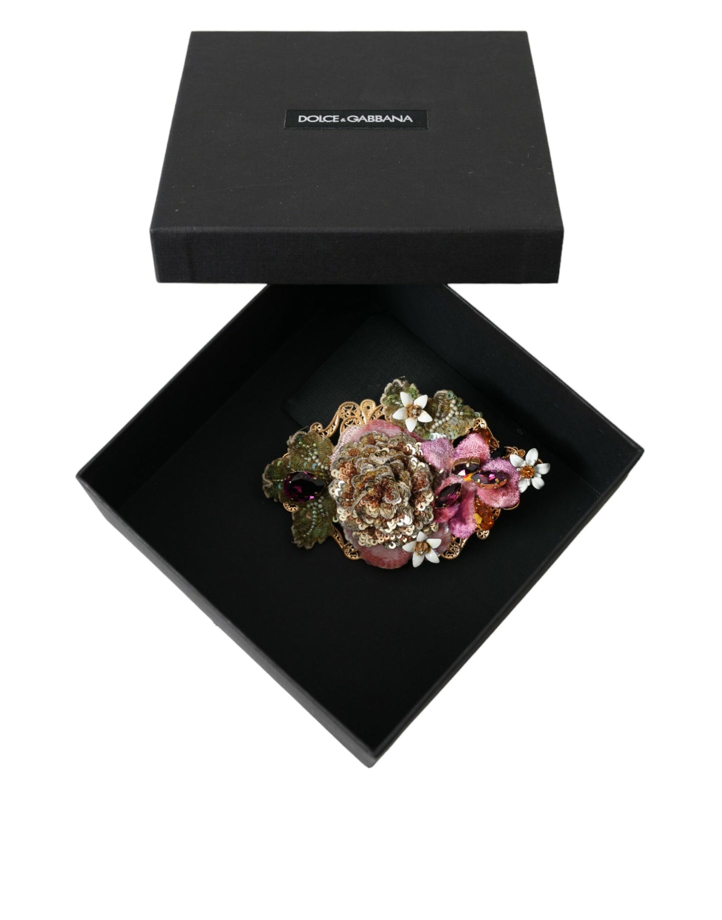 Dolce & Gabbana Gold Brass Floral Crystal Sequined Hair Clip Curated Luxury Accessories by Orvyn