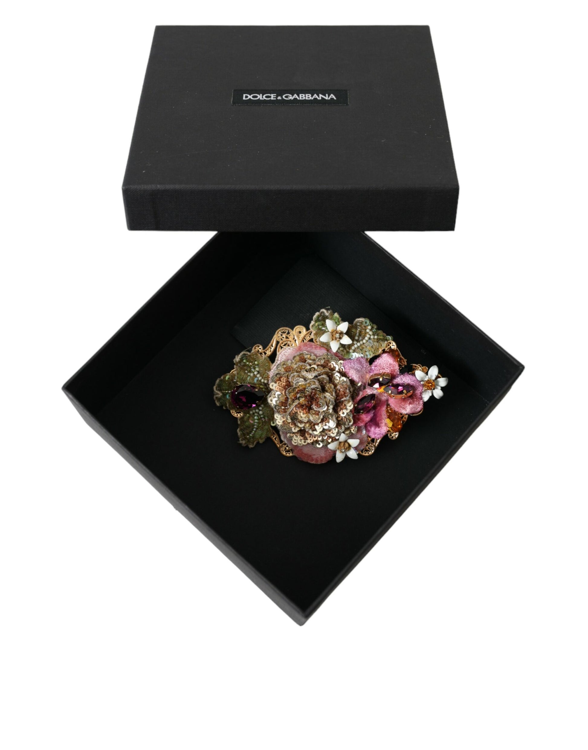 Dolce & Gabbana Gold Brass Floral Crystal Sequined Hair Clip Curated Luxury Accessories by Orvyn