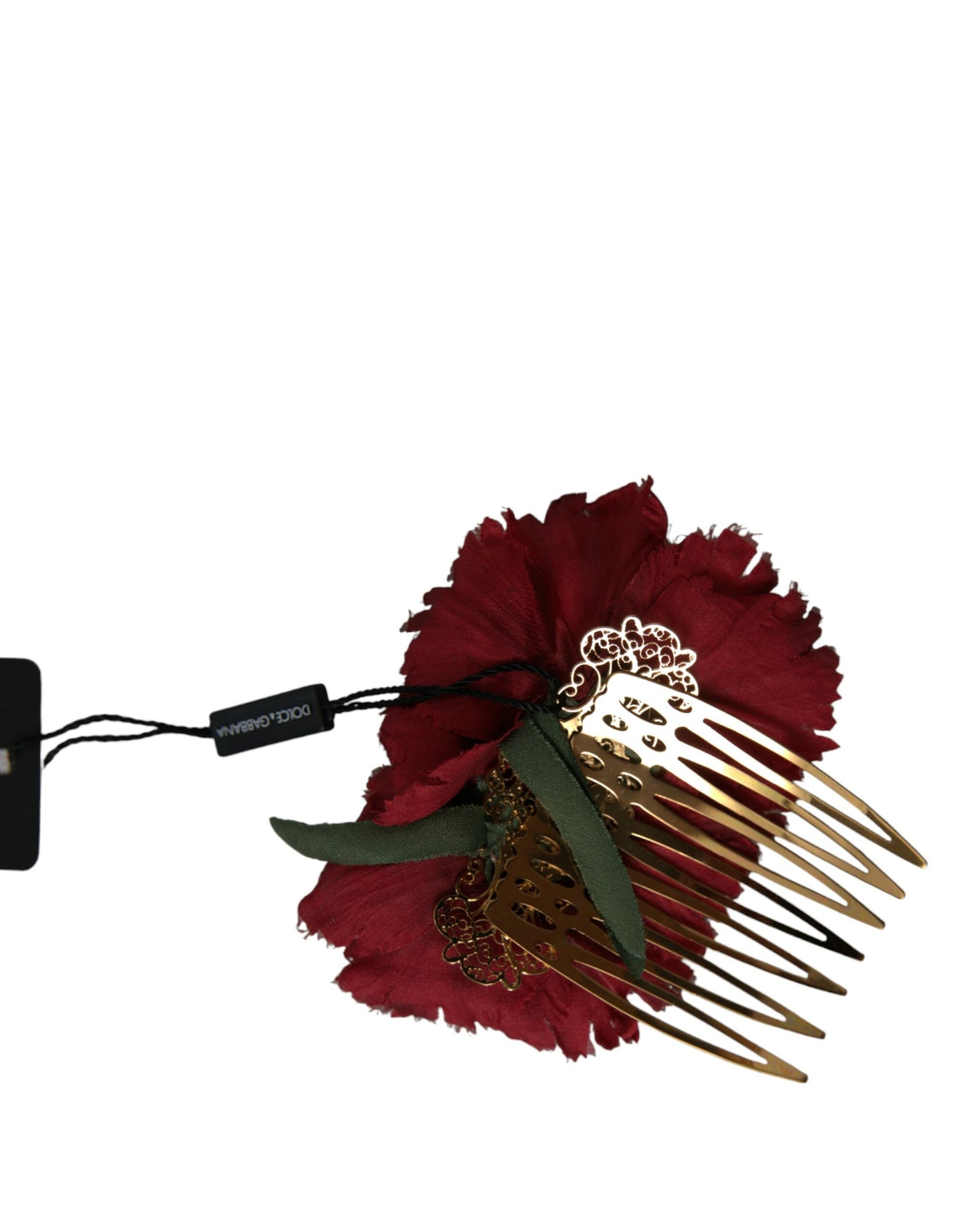 Dolce & Gabbana Red Silk Floral Gold Brass Women Hair Comb Curated Luxury Accessories by Orvyn