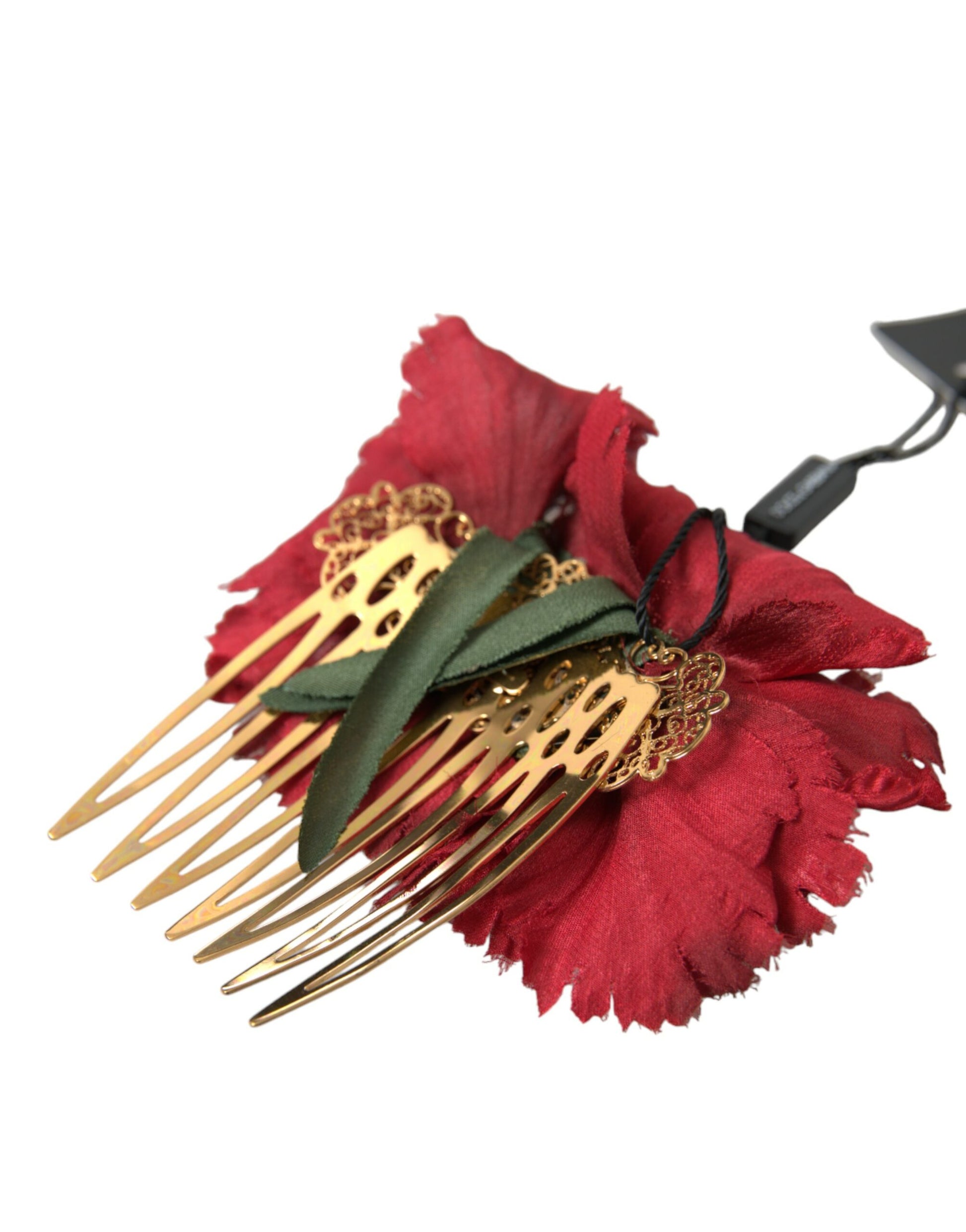 Dolce & Gabbana Red Silk Floral Gold Brass Women Hair Comb Curated Luxury Accessories by Orvyn