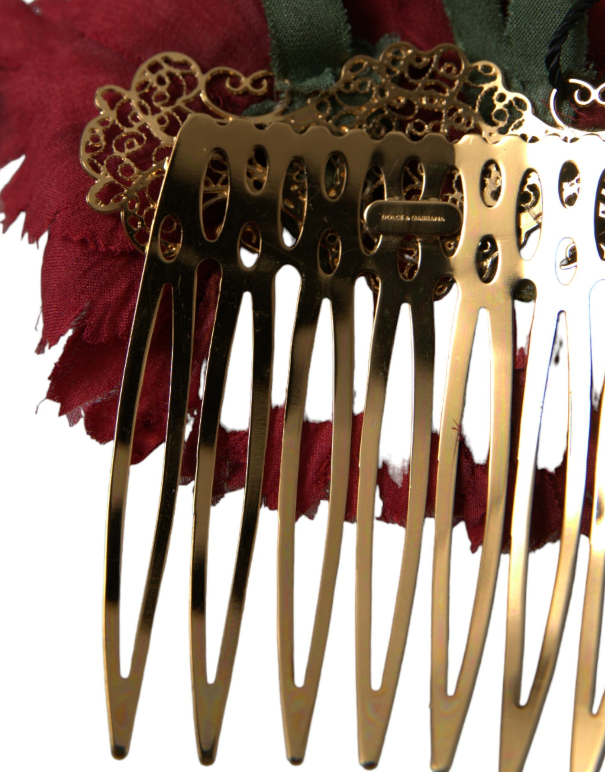 Dolce & Gabbana Red Silk Floral Gold Brass Women Hair Comb Curated Luxury Accessories by Orvyn