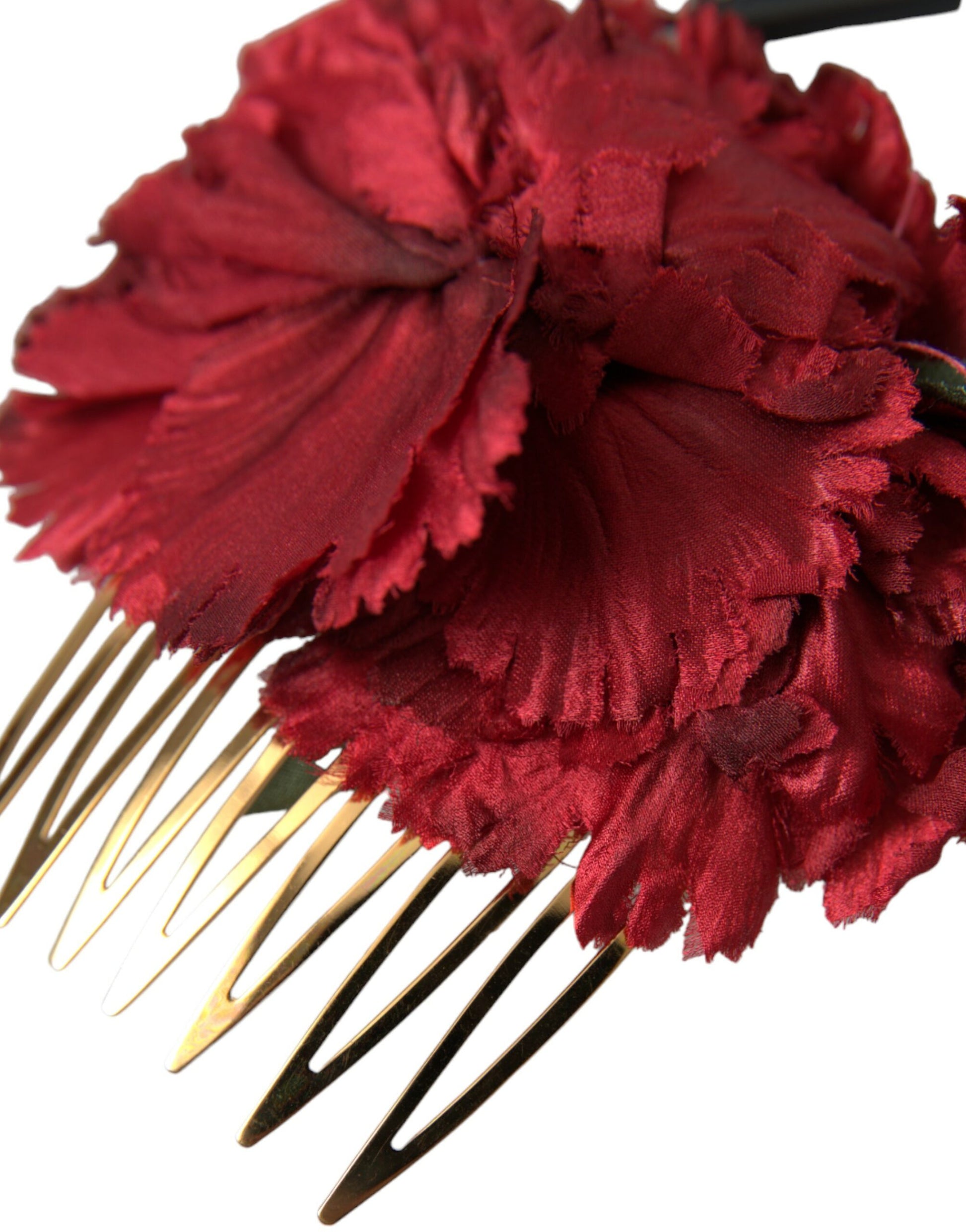 Dolce & Gabbana Red Silk Floral Gold Brass Women Hair Comb Curated Luxury Accessories by Orvyn