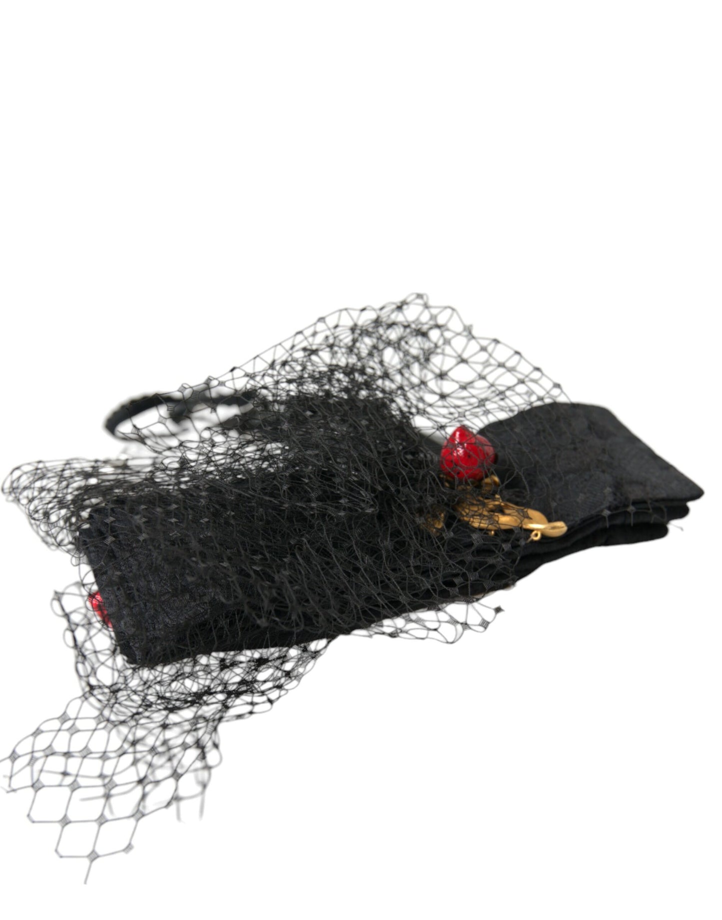 Dolce & Gabbana Black Strawberry Sicily Crystal Mesh Net Headband Diadem Curated Luxury Accessories by Orvyn