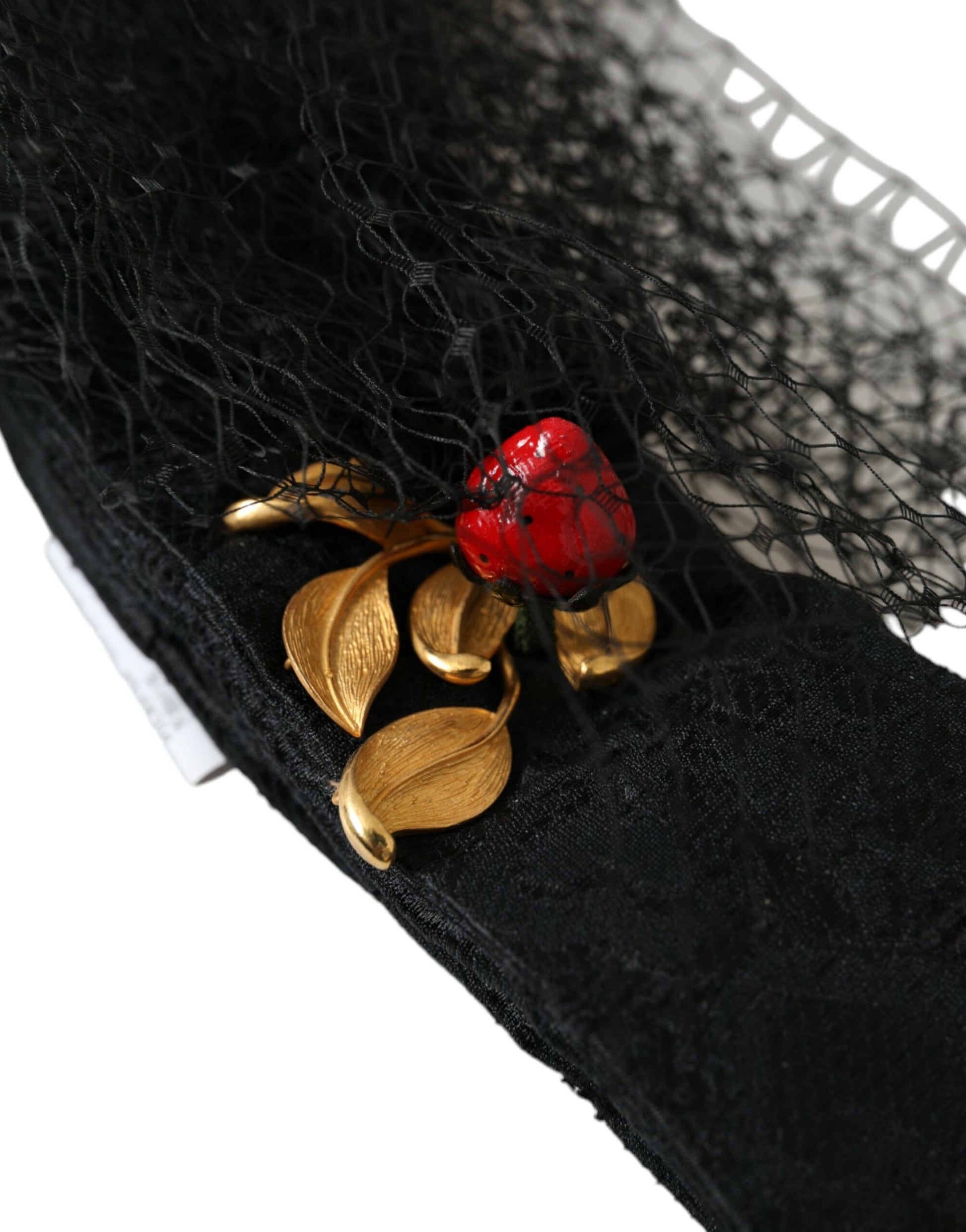 Dolce & Gabbana Black Strawberry Sicily Crystal Mesh Net Headband Diadem Curated Luxury Accessories by Orvyn