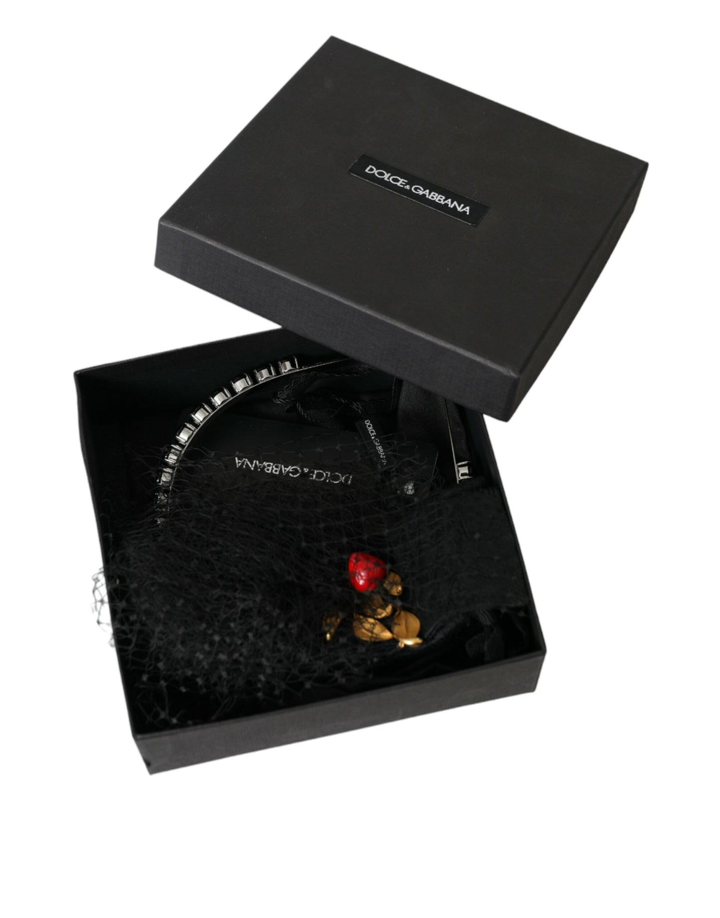 Dolce & Gabbana Black Strawberry Sicily Crystal Mesh Net Headband Diadem Curated Luxury Accessories by Orvyn