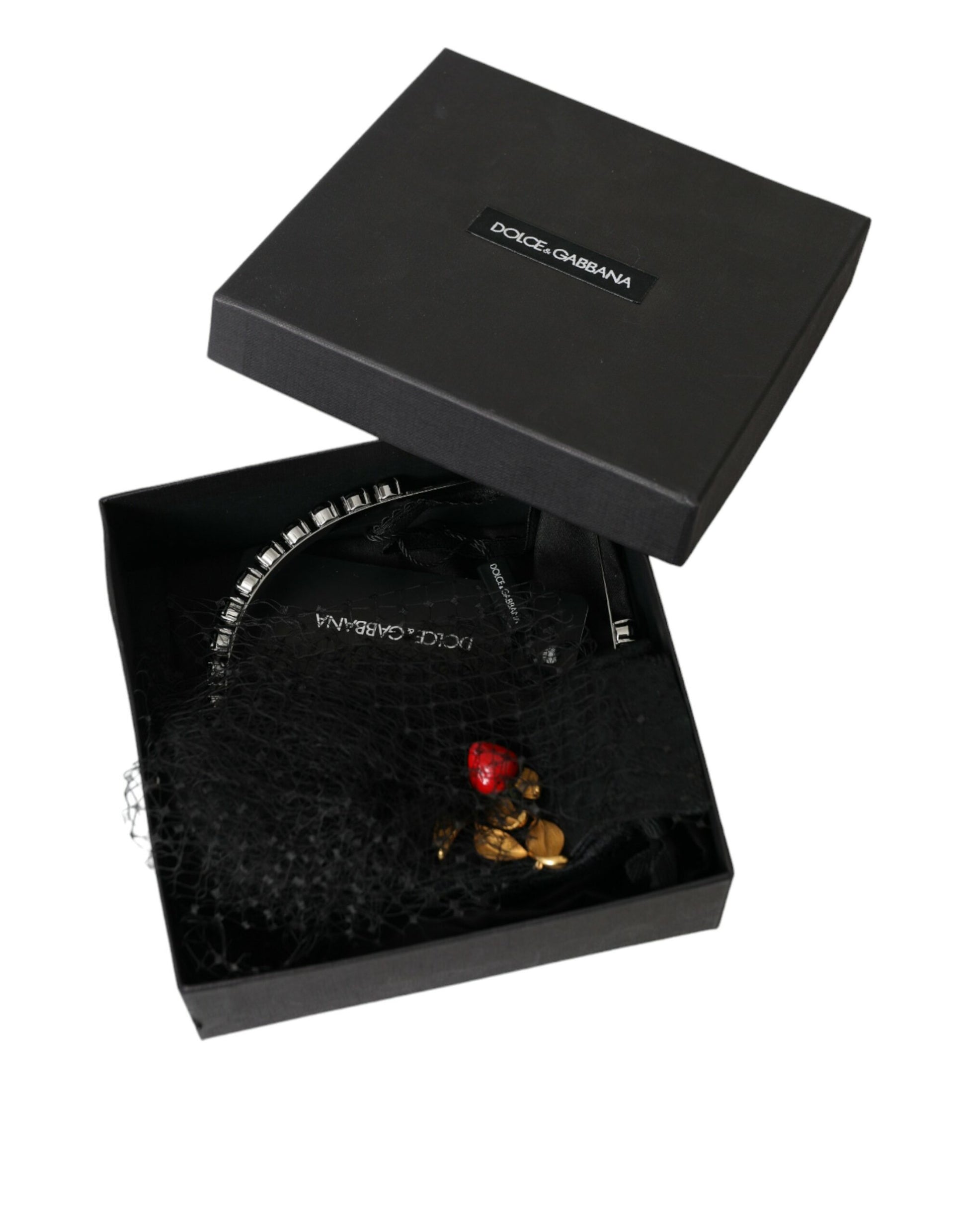 Dolce & Gabbana Black Strawberry Sicily Crystal Mesh Net Headband Diadem Curated Luxury Accessories by Orvyn