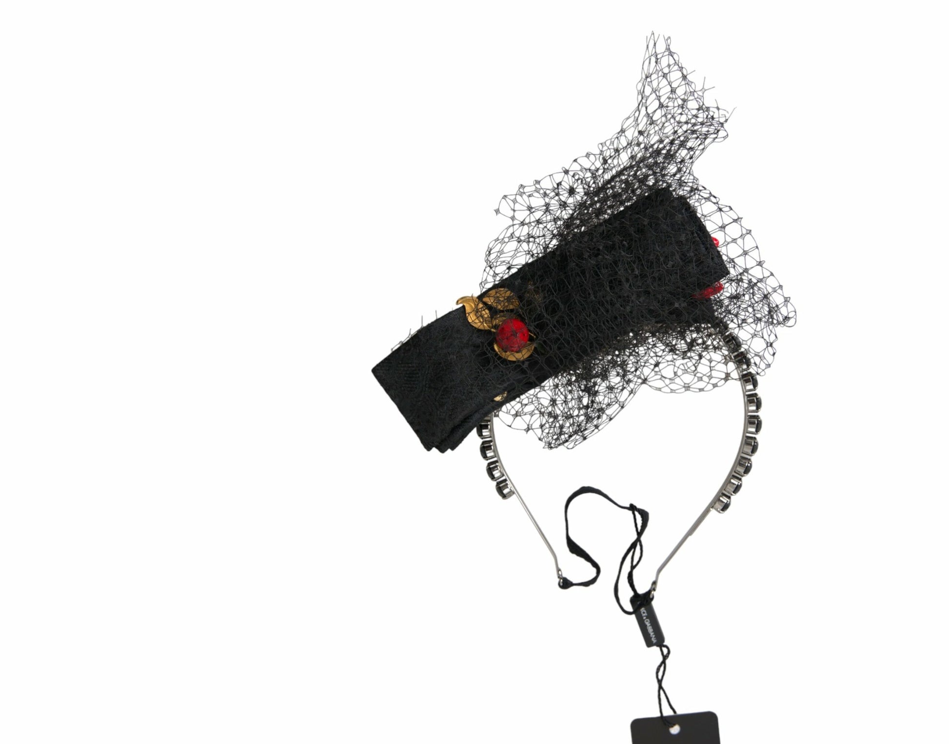 Dolce & Gabbana Black Strawberry Sicily Crystal Mesh Net Headband Diadem Curated Luxury Accessories by Orvyn