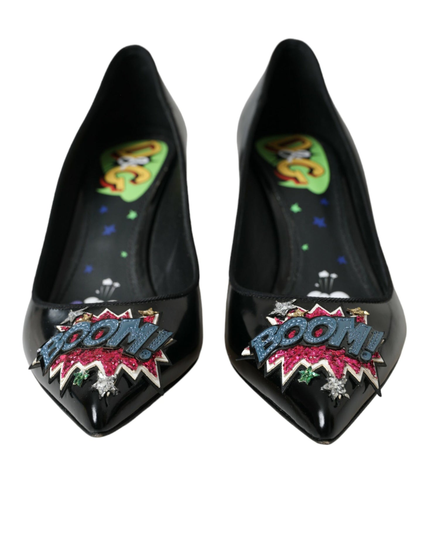 Dolce & Gabbana Black Leather BOOM Patch Heels Pumps Shoes Curated Luxury Accessories by Orvyn