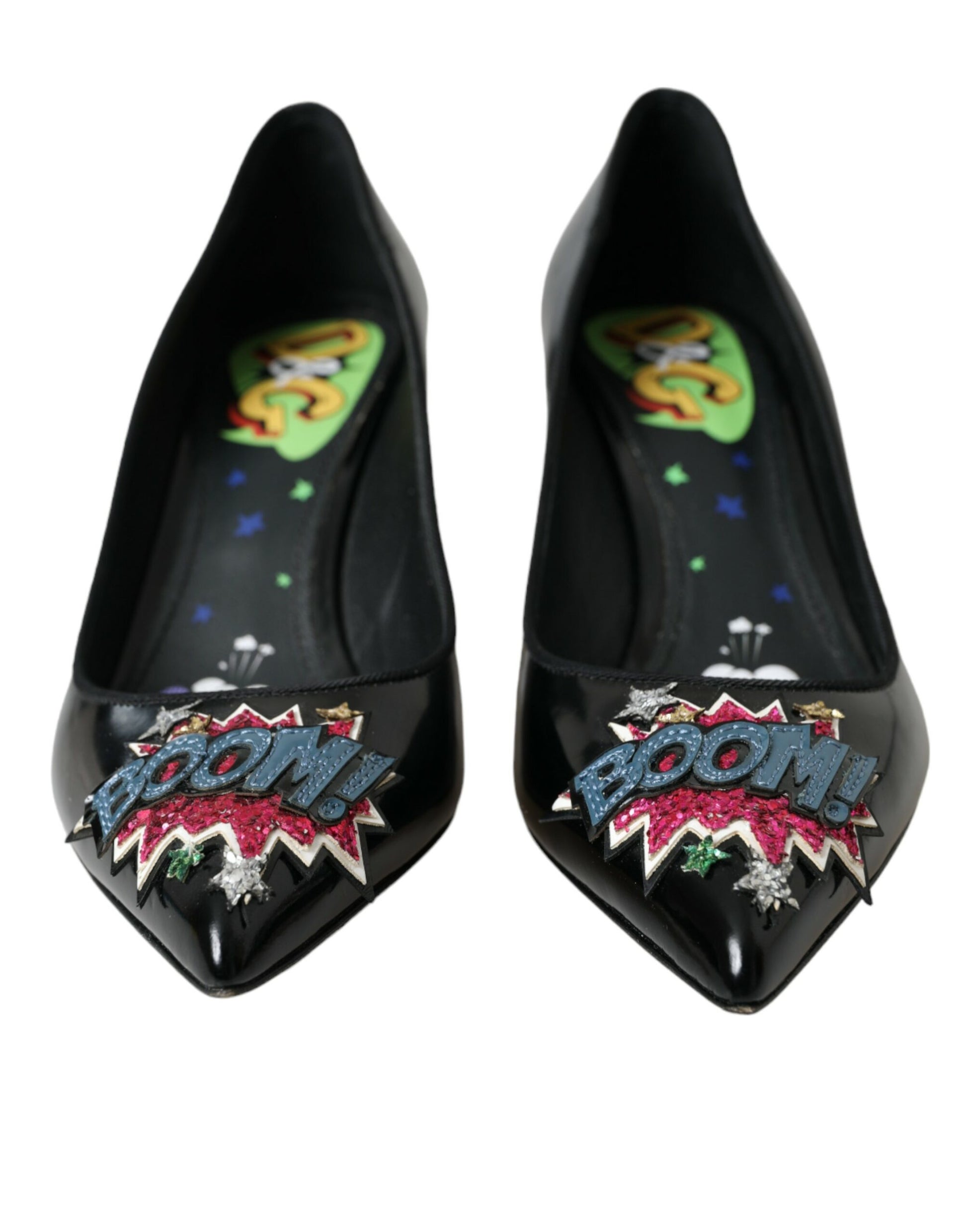 Dolce & Gabbana Black Leather BOOM Patch Heels Pumps Shoes Curated Luxury Accessories by Orvyn