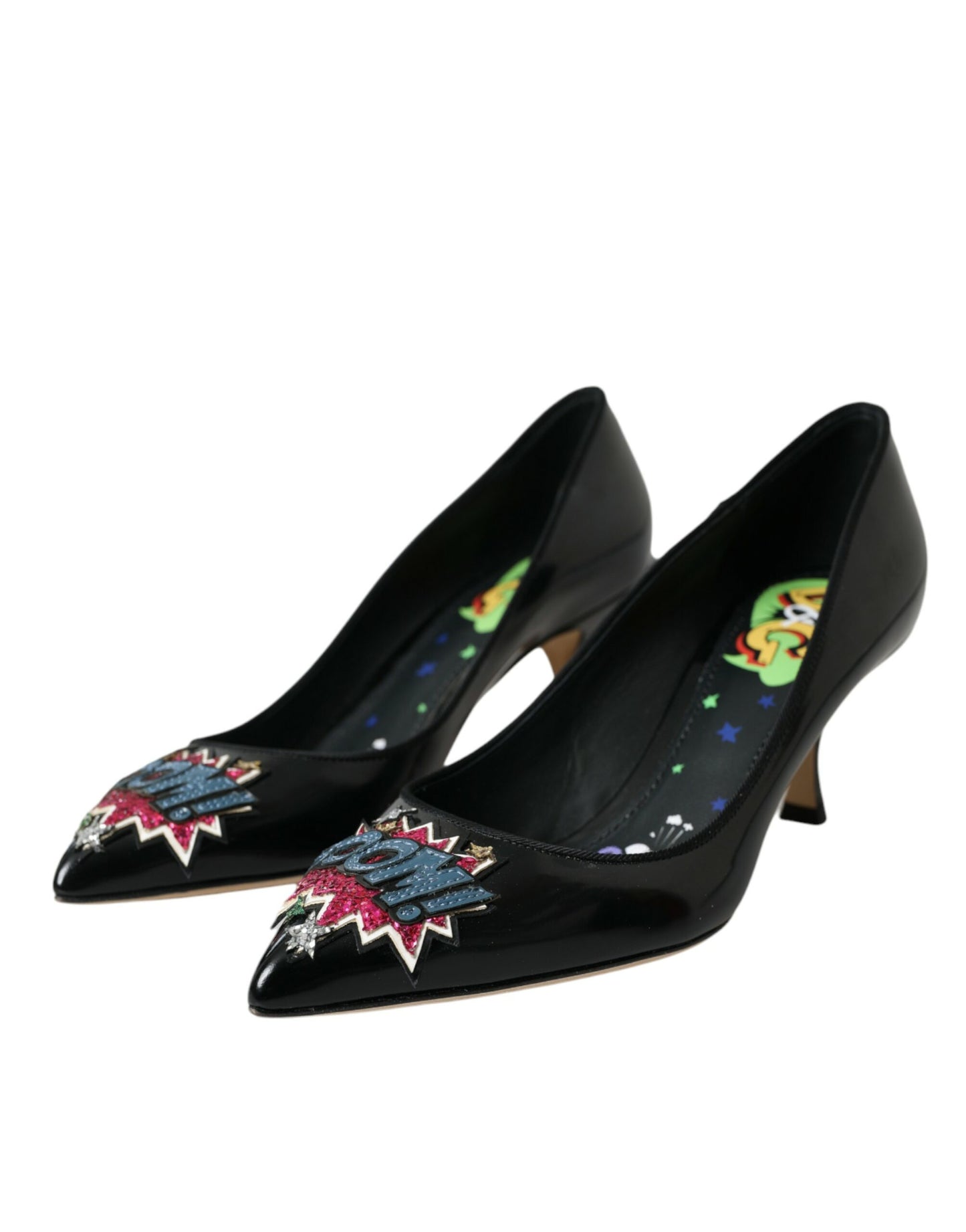 Dolce & Gabbana Black Leather BOOM Patch Heels Pumps Shoes Curated Luxury Accessories by Orvyn