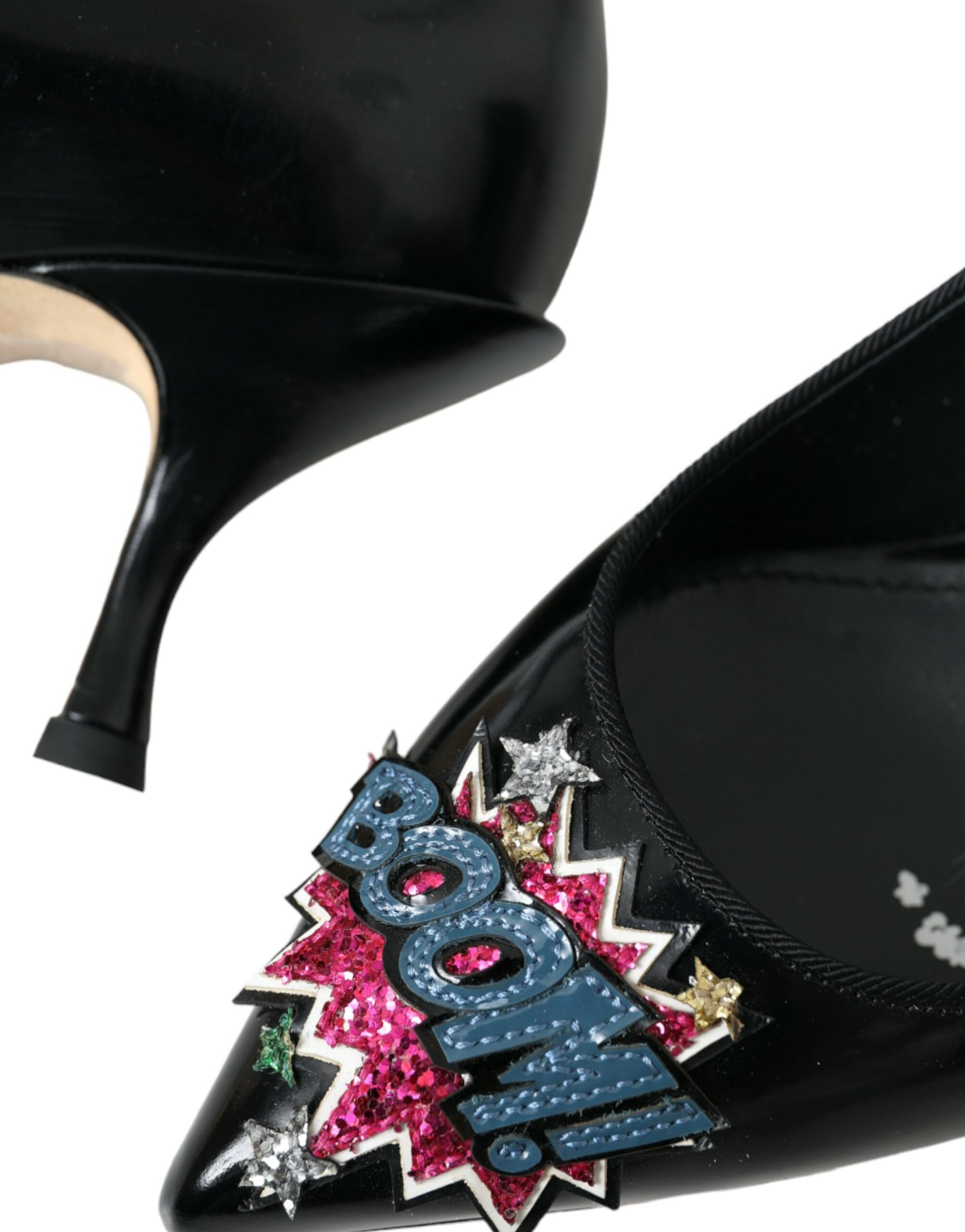 Dolce & Gabbana Black Leather BOOM Patch Heels Pumps Shoes Curated Luxury Accessories by Orvyn