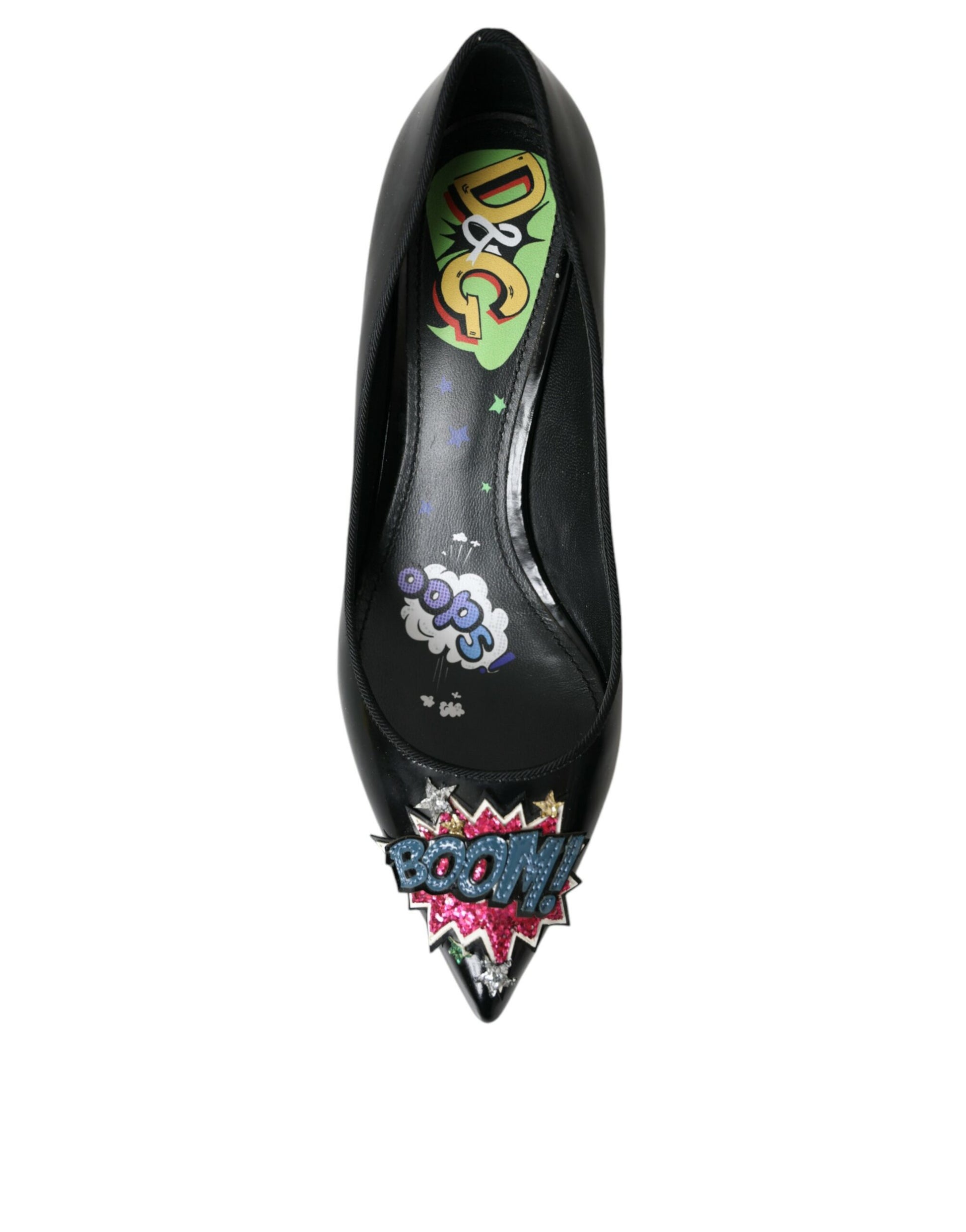 Dolce & Gabbana Black Leather BOOM Patch Heels Pumps Shoes Curated Luxury Accessories by Orvyn