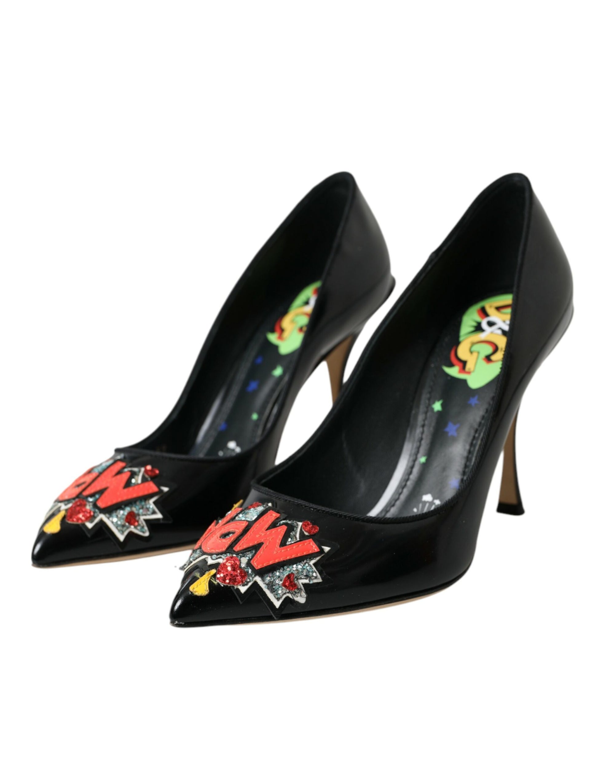 Dolce & Gabbana Black Leather WOW Patch Heels Pumps Shoes Curated Luxury Accessories by Orvyn