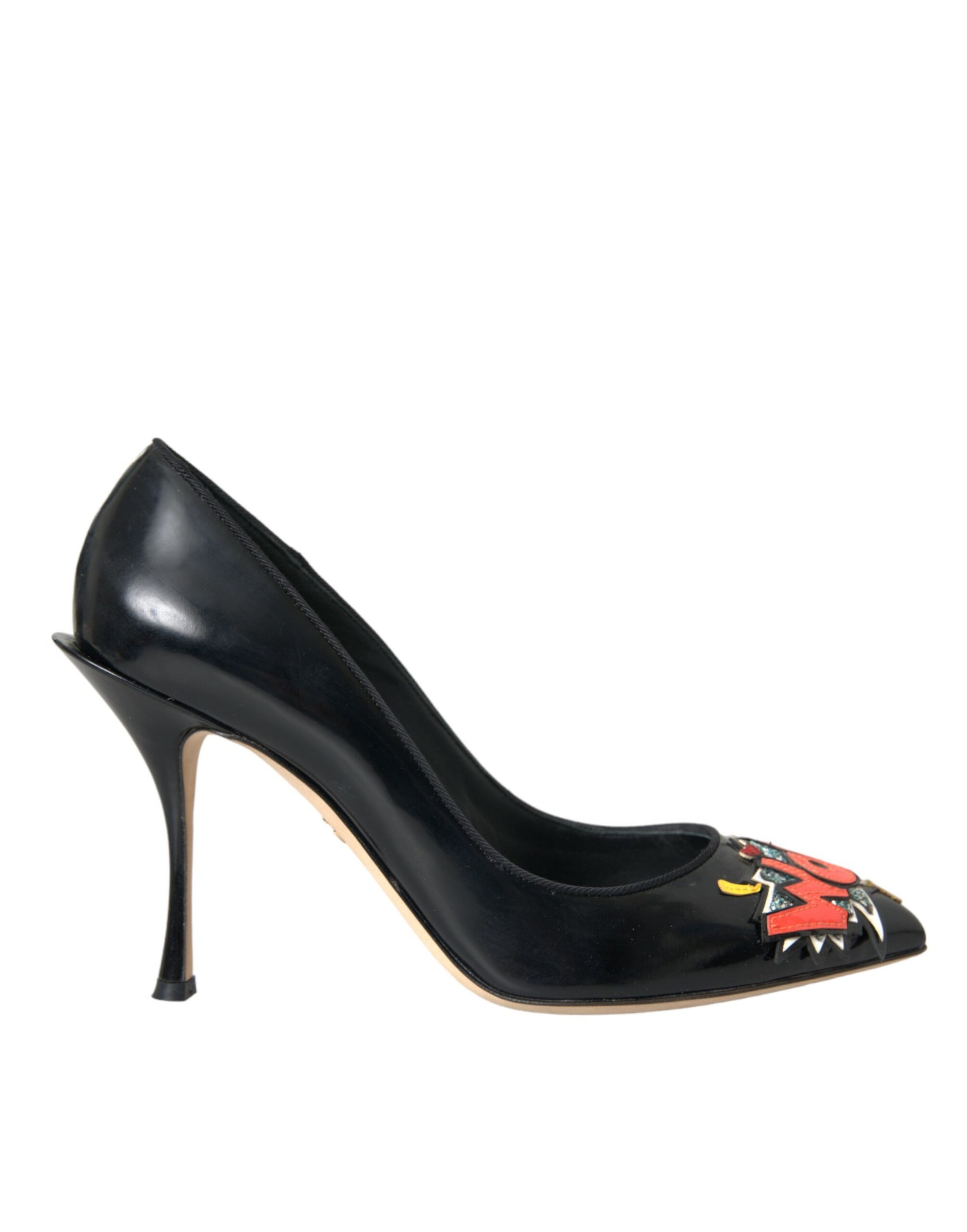 Dolce & Gabbana Black Leather WOW Patch Heels Pumps Shoes Curated Luxury Accessories by Orvyn