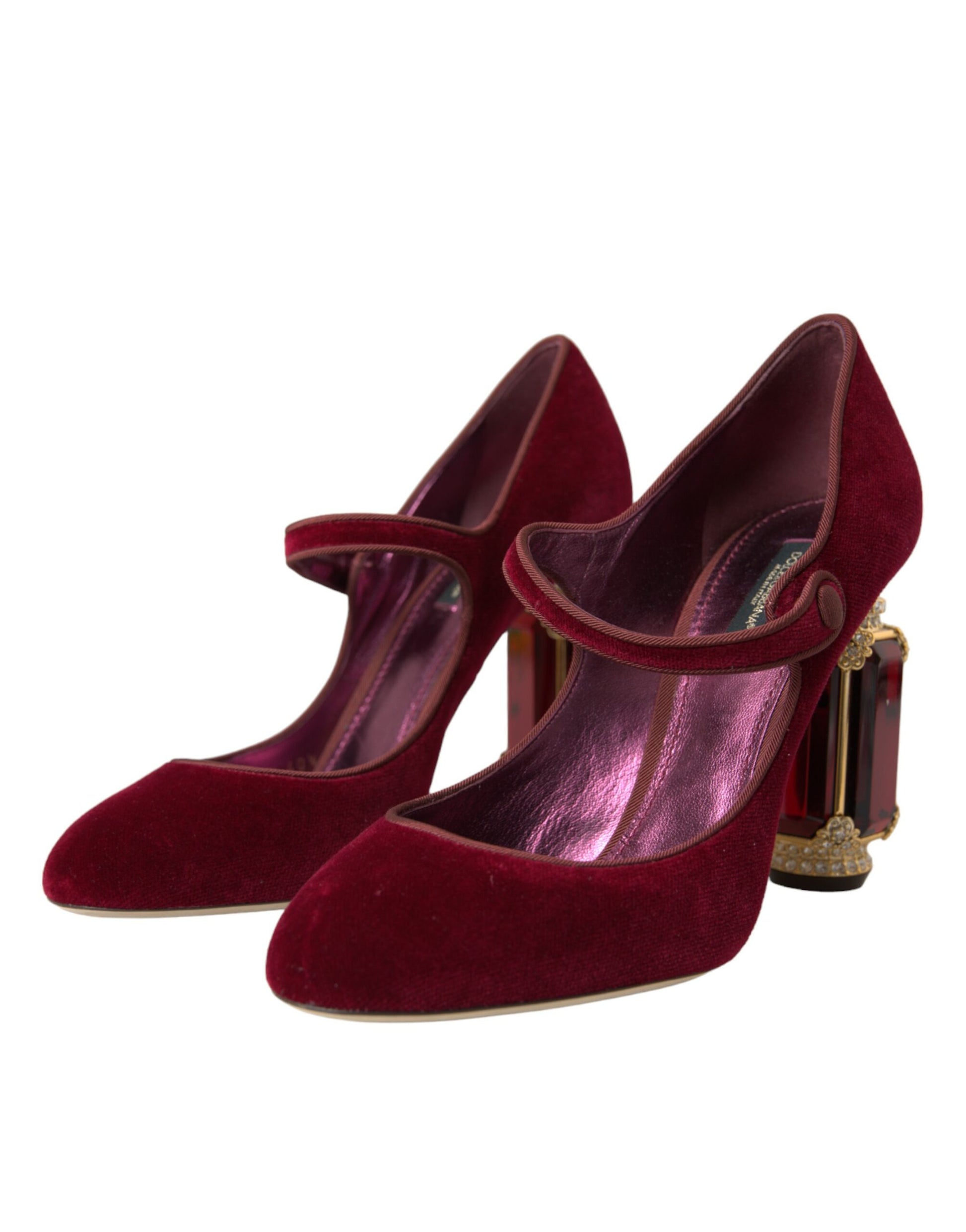 Dolce & Gabbana Red Velvet Gold Crystals Heels Mary Jane Shoes Curated Luxury Accessories by Orvyn