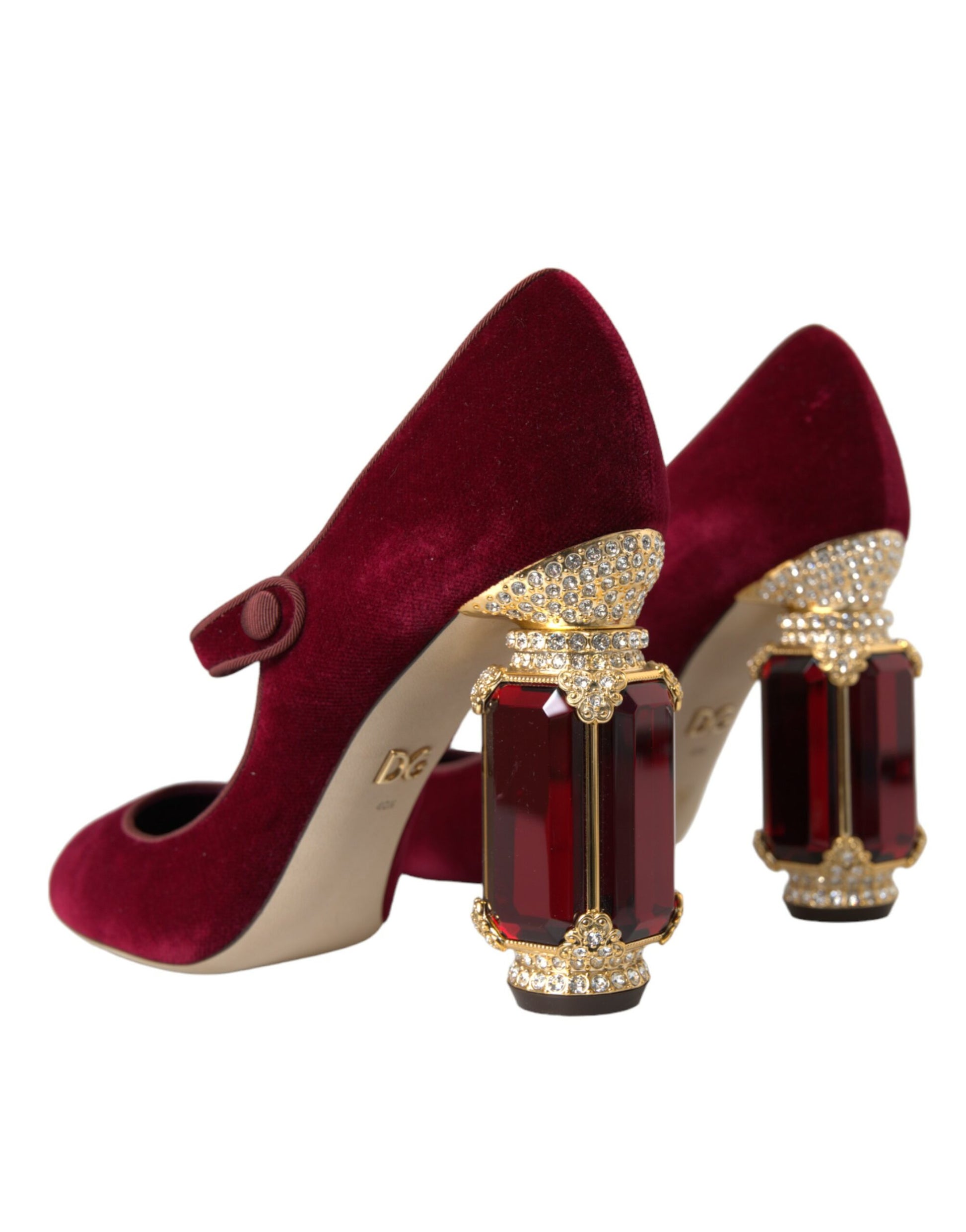 Dolce & Gabbana Red Velvet Gold Crystals Heels Mary Jane Shoes Curated Luxury Accessories by Orvyn