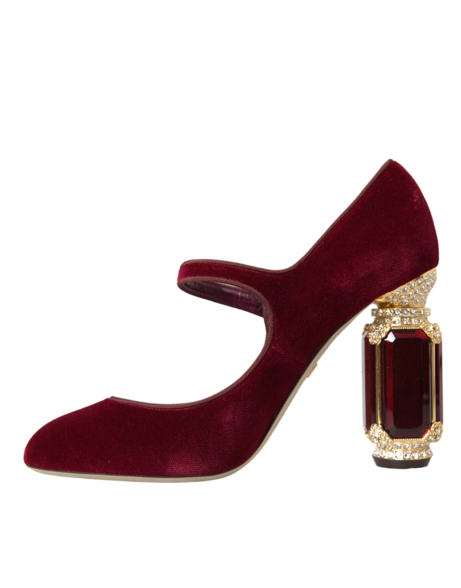 Dolce & Gabbana Red Velvet Gold Crystals Heels Mary Jane Shoes Curated Luxury Accessories by Orvyn