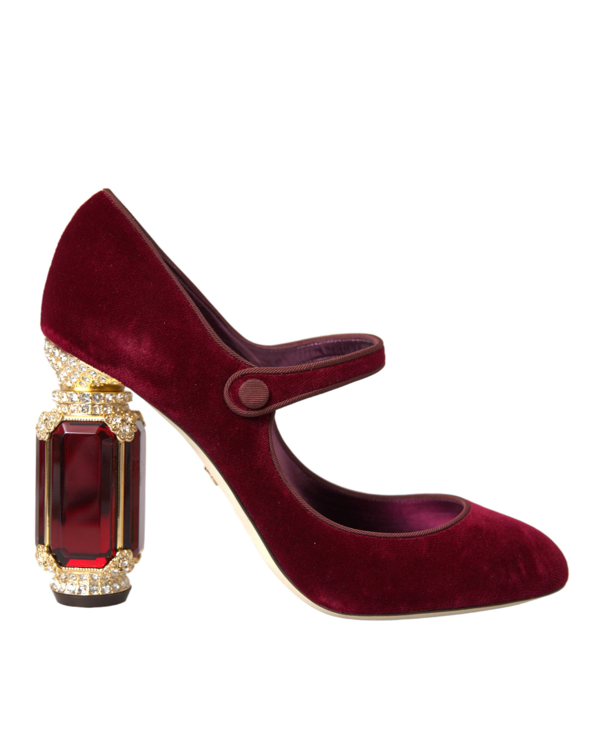 Dolce & Gabbana Red Velvet Gold Crystals Heels Mary Jane Shoes Curated Luxury Accessories by Orvyn