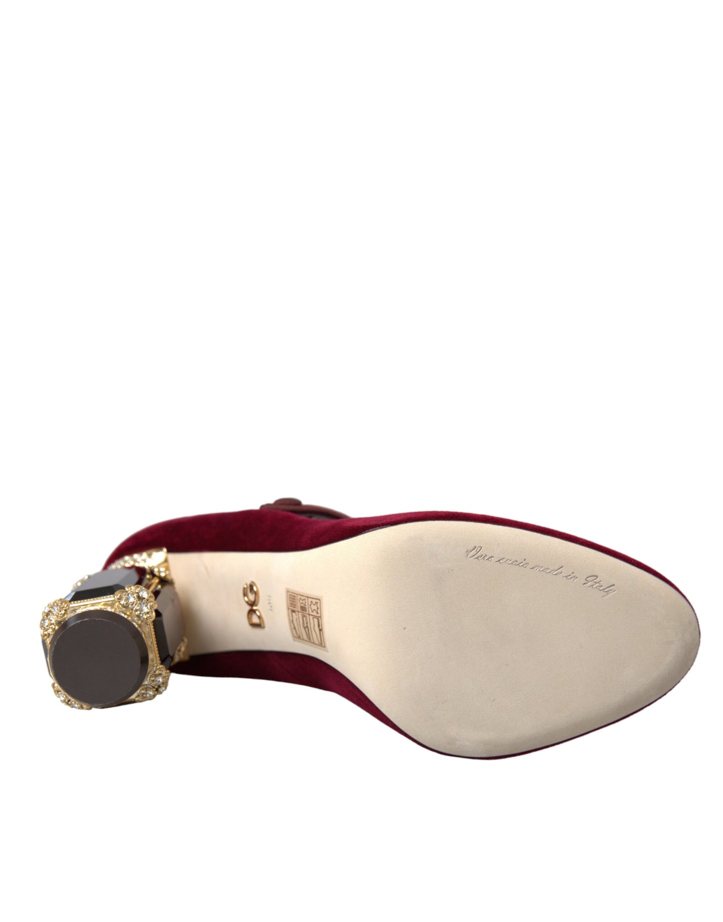 Dolce & Gabbana Red Velvet Gold Crystals Heels Mary Jane Shoes Curated Luxury Accessories by Orvyn