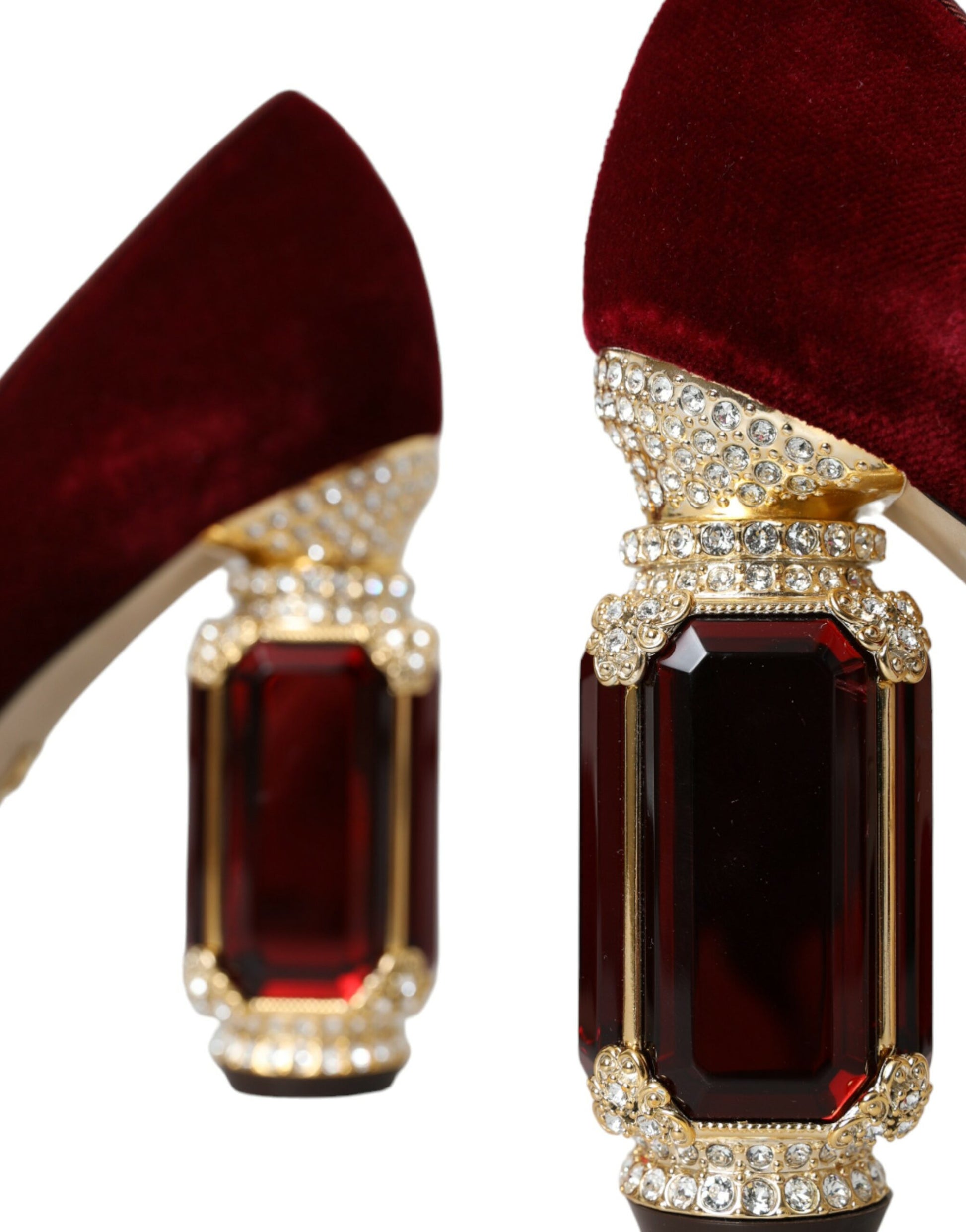 Dolce & Gabbana Red Velvet Gold Crystals Heels Mary Jane Shoes Curated Luxury Accessories by Orvyn