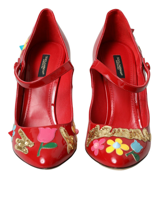 Dolce & Gabbana Red Leather Embellished Mary Jane Pumps Heels Shoes Curated Luxury Accessories by Orvyn