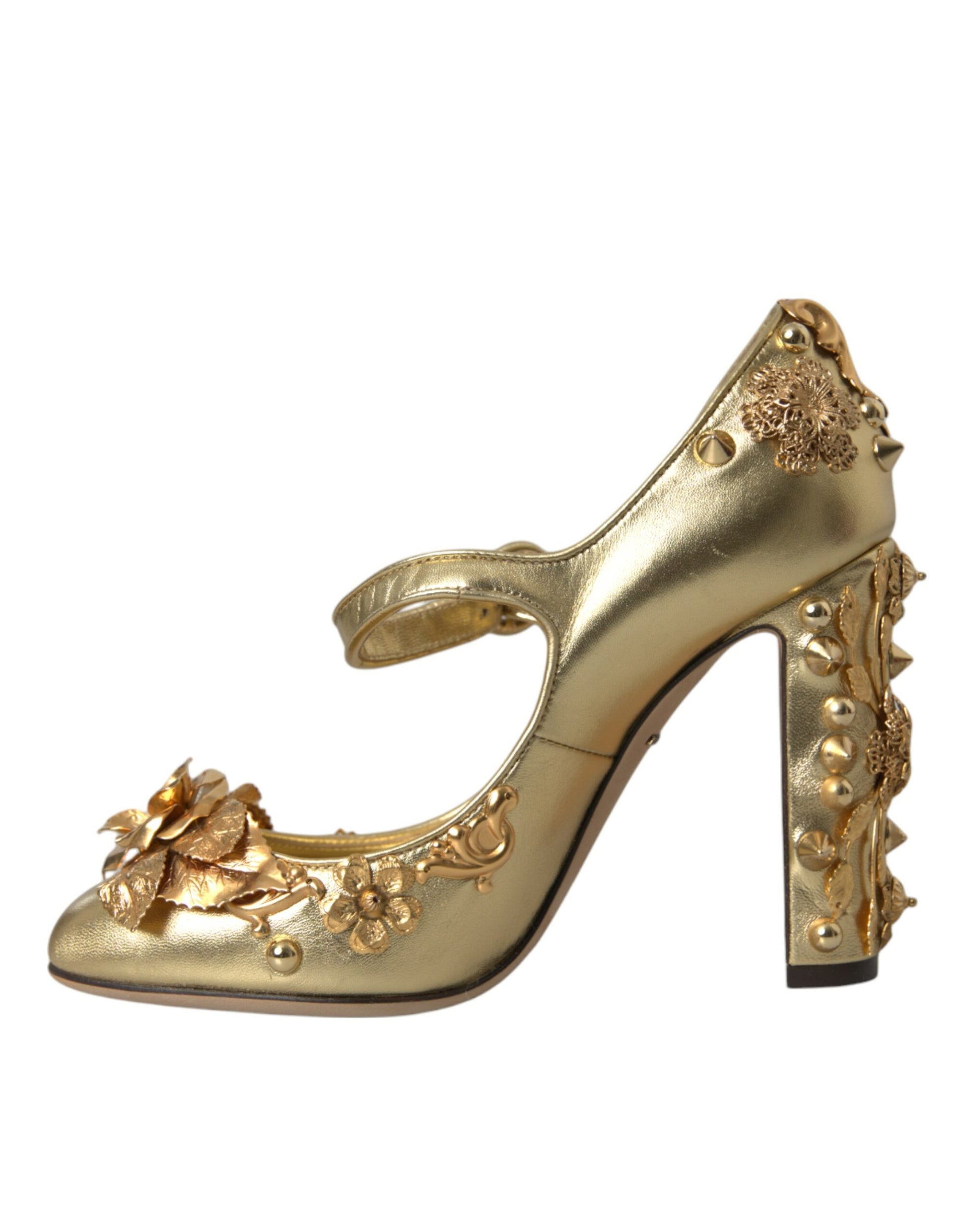 Dolce & Gabbana Gold Leather Crystal Mary Janes Pumps Shoes Curated Luxury Accessories by Orvyn