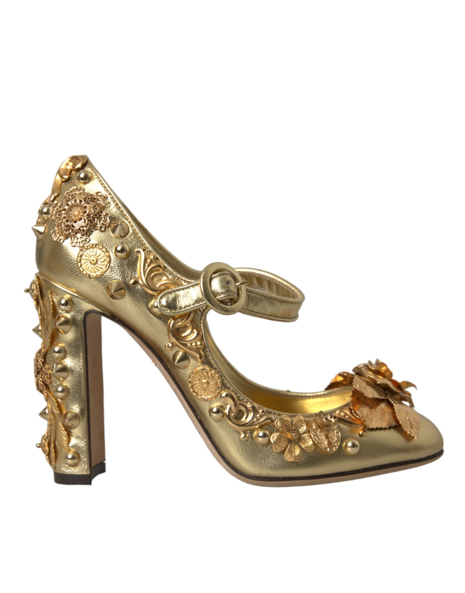 Dolce & Gabbana Gold Leather Crystal Mary Janes Pumps Shoes Curated Luxury Accessories by Orvyn