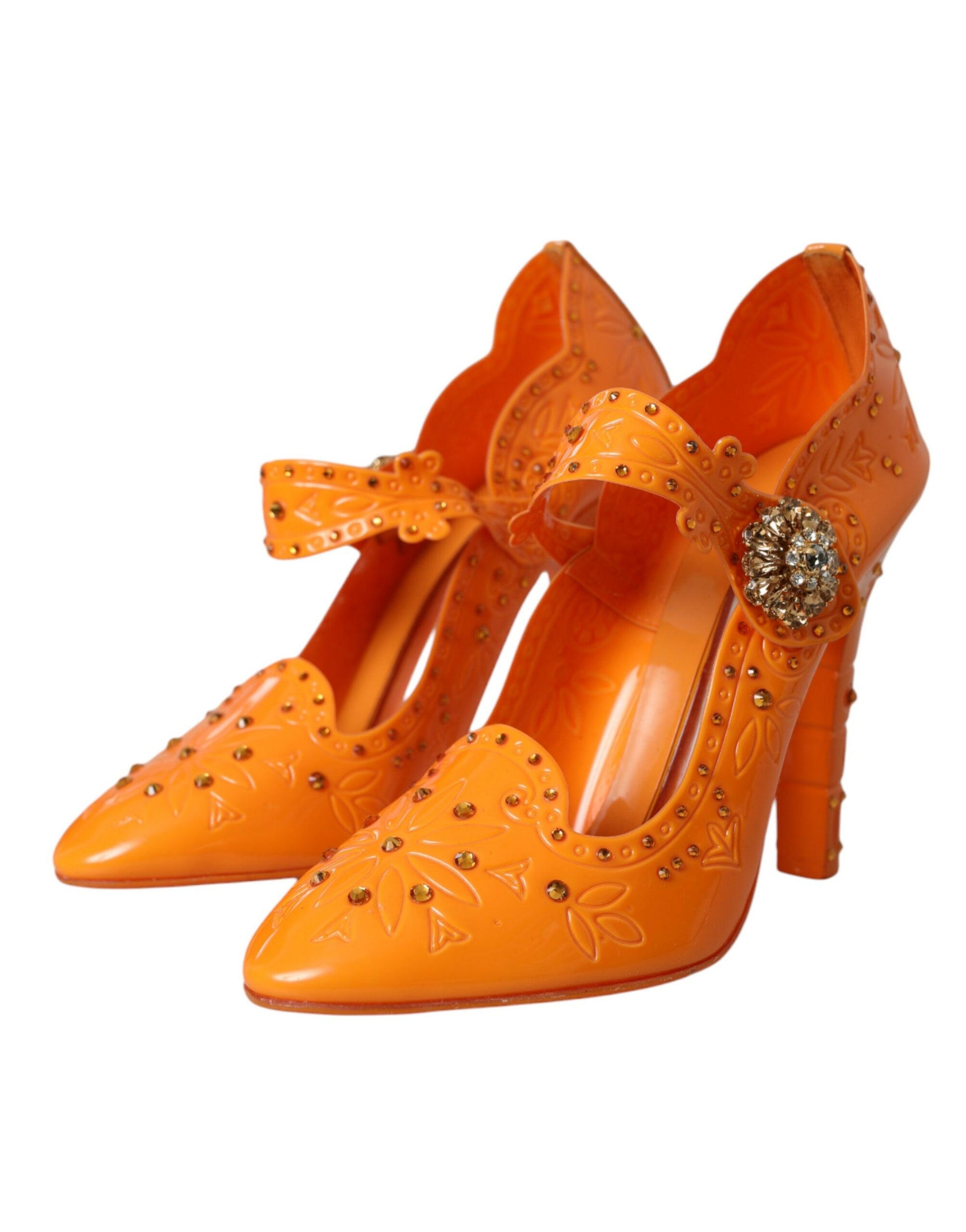 Dolce & Gabbana Orange CINDERELLA Floral Crystal Pumps Shoes Curated Luxury Accessories by Orvyn