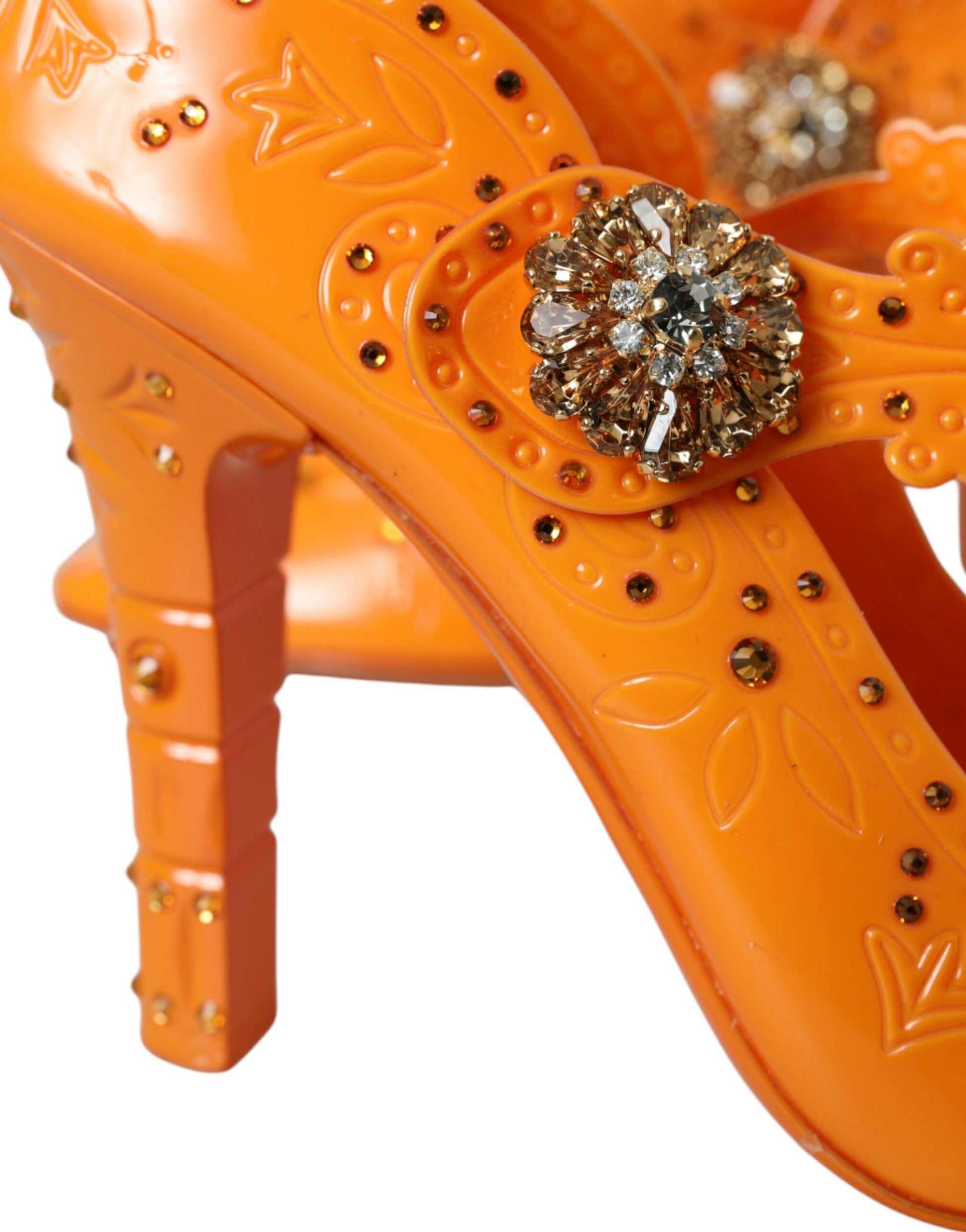 Dolce & Gabbana Orange CINDERELLA Floral Crystal Pumps Shoes Curated Luxury Accessories by Orvyn
