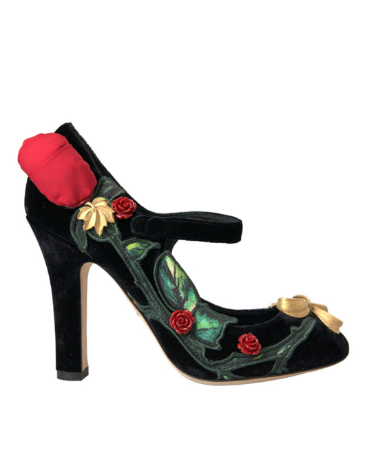 Dolce & Gabbana Black Roses Crystal Brooch Mary Jane Shoes Curated Luxury Accessories by Orvyn