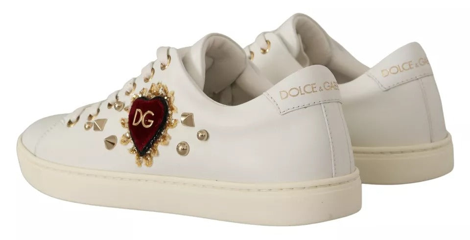 Dolce & Gabbana White Leather Gold Red Heart Sneakers Shoes Curated Luxury Accessories by Orvyn