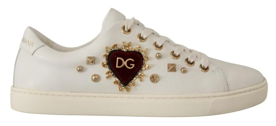 Dolce & Gabbana White Leather Gold Red Heart Sneakers Shoes Curated Luxury Accessories by Orvyn