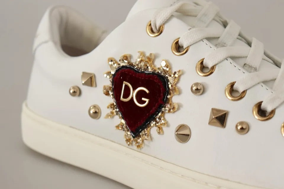 Dolce & Gabbana White Leather Gold Red Heart Sneakers Shoes Curated Luxury Accessories by Orvyn