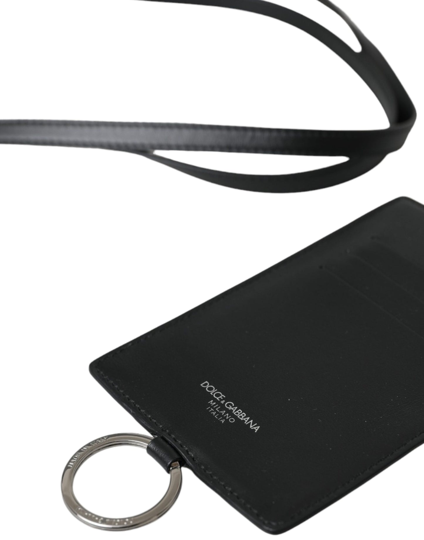 Dolce & Gabbana Black Calf Leather Lanyard Logo Card Holder Men Wallet Curated Luxury Accessories by Orvyn