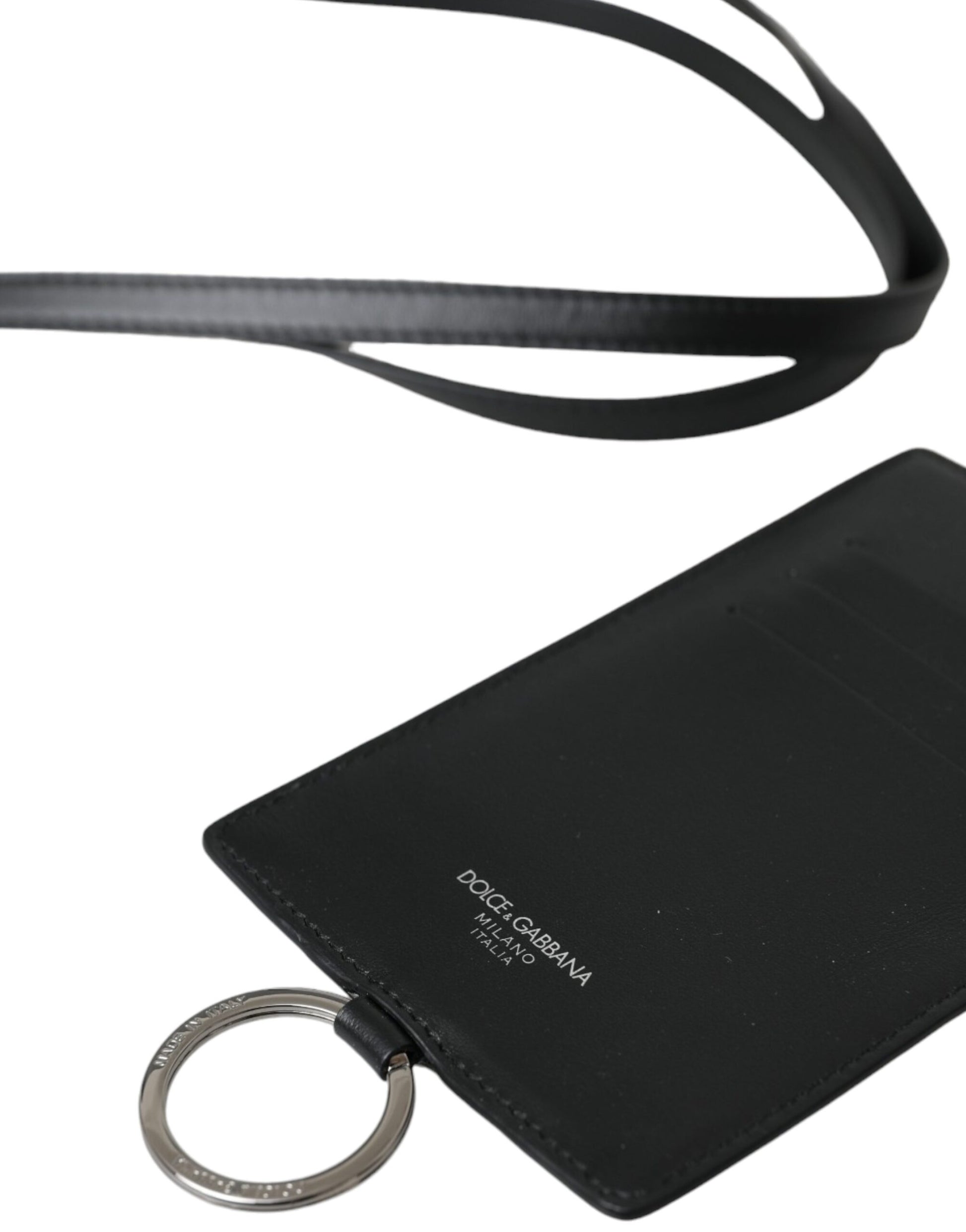 Dolce & Gabbana Black Calf Leather Lanyard Logo Card Holder Men Wallet Curated Luxury Accessories by Orvyn