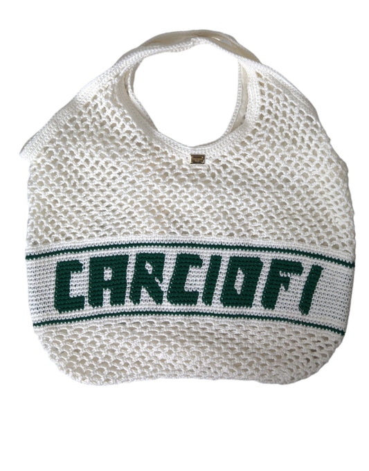 Dolce & Gabbana White Green Knitted Cotton Logo Shopping Tote Bag Curated Luxury Accessories by Orvyn