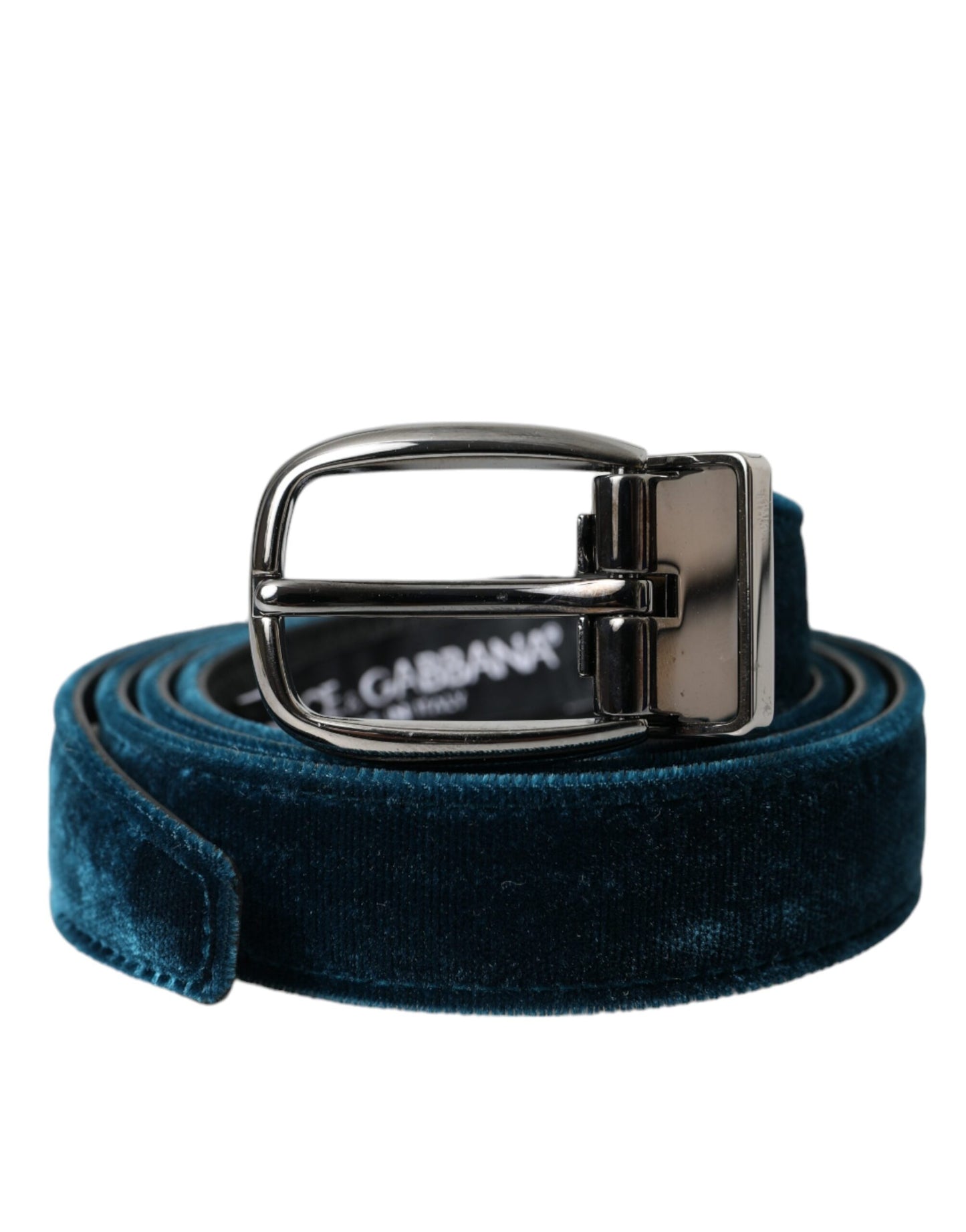 Dolce & Gabbana Blue Velvet Leather Silver Metal Buckle Belt Curated Luxury Accessories by Orvyn