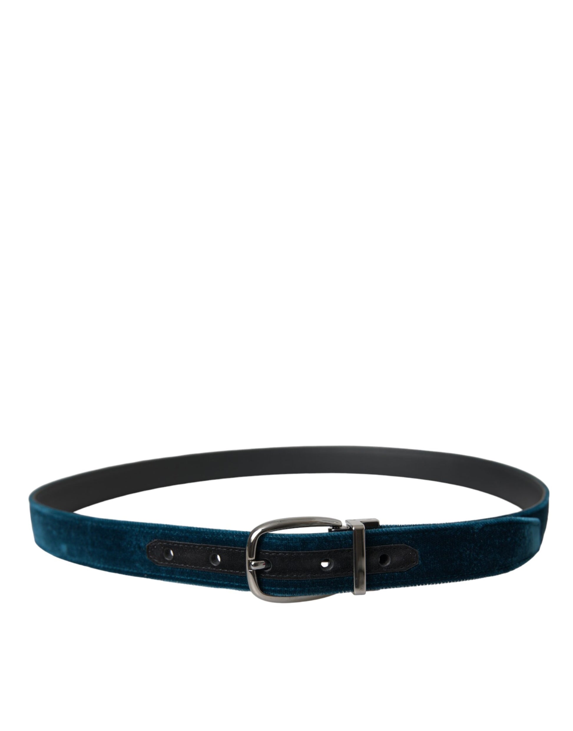 Dolce & Gabbana Blue Velvet Leather Silver Metal Buckle Belt Curated Luxury Accessories by Orvyn