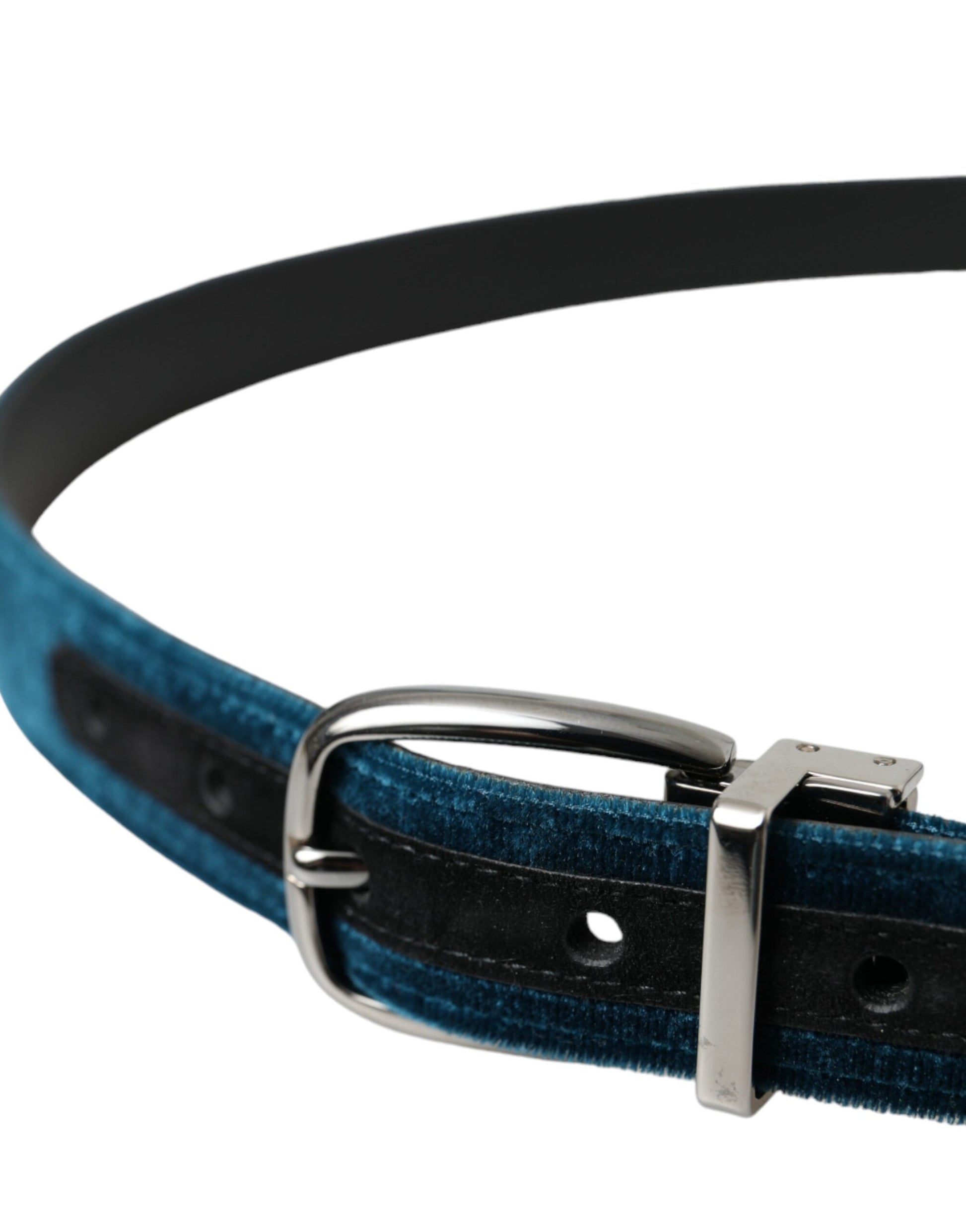 Dolce & Gabbana Blue Velvet Leather Silver Metal Buckle Belt Curated Luxury Accessories by Orvyn