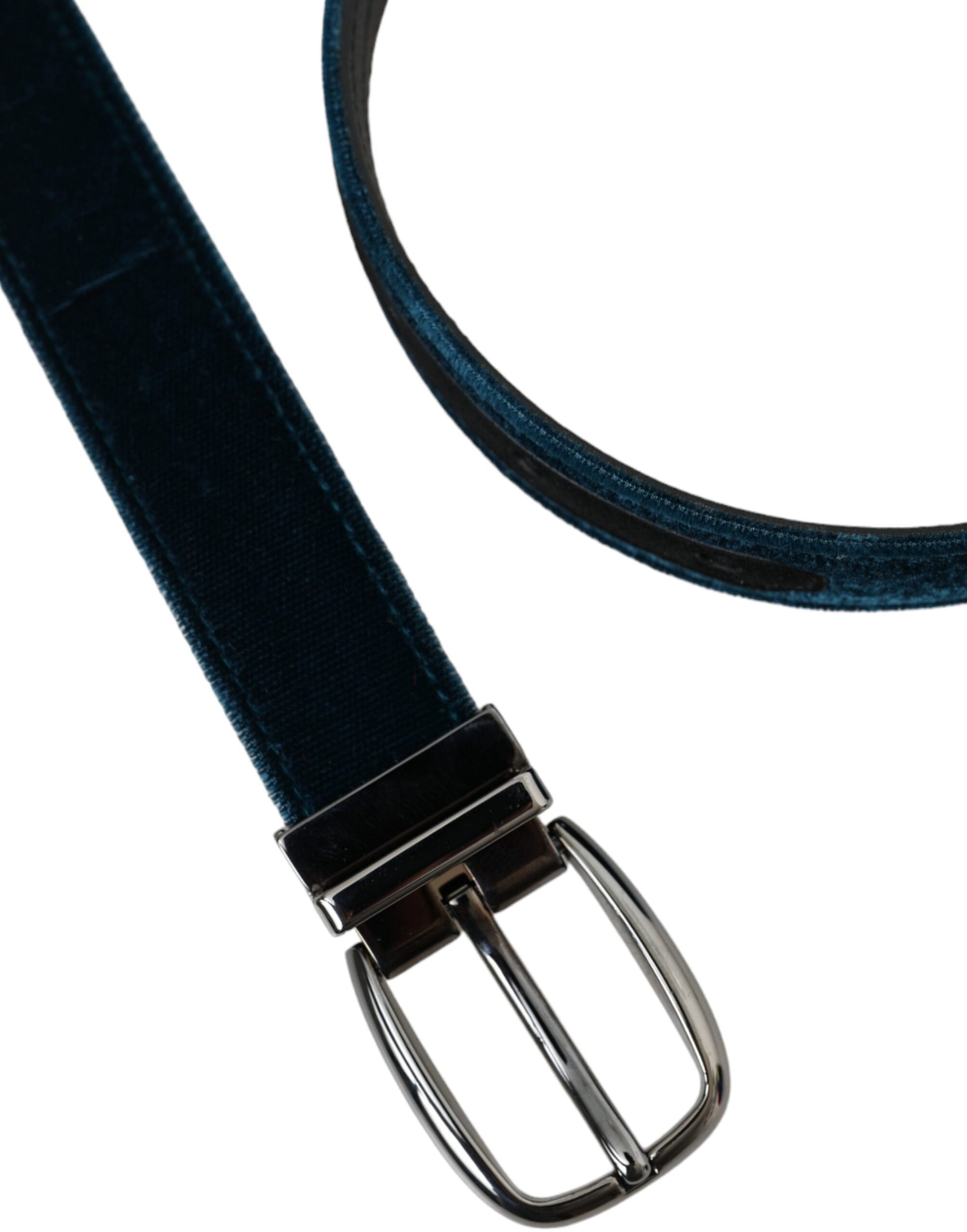 Dolce & Gabbana Blue Velvet Leather Silver Metal Buckle Belt Curated Luxury Accessories by Orvyn