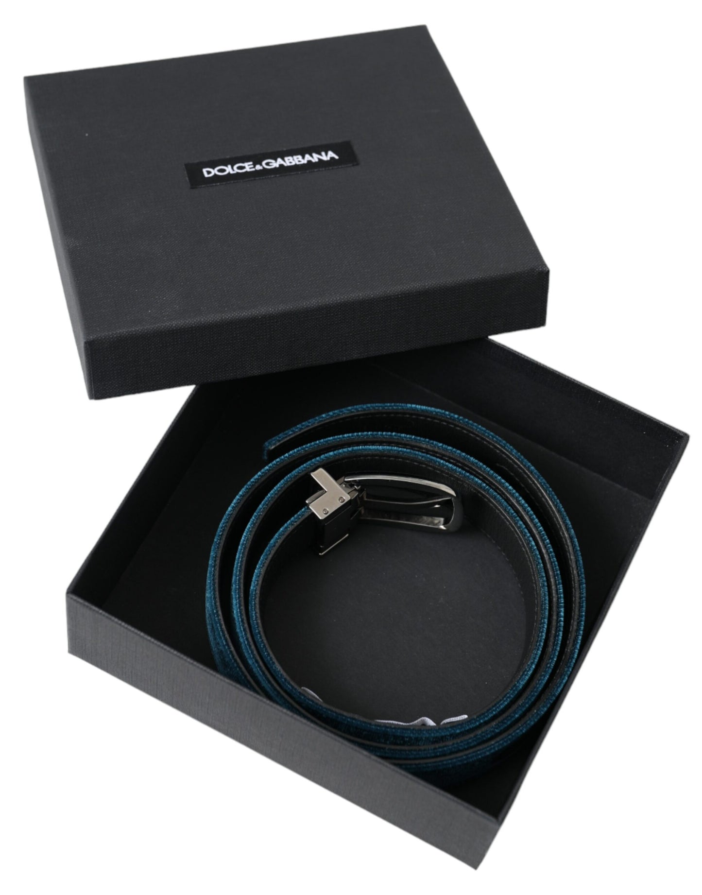 Dolce & Gabbana Blue Velvet Leather Silver Metal Buckle Belt Curated Luxury Accessories by Orvyn