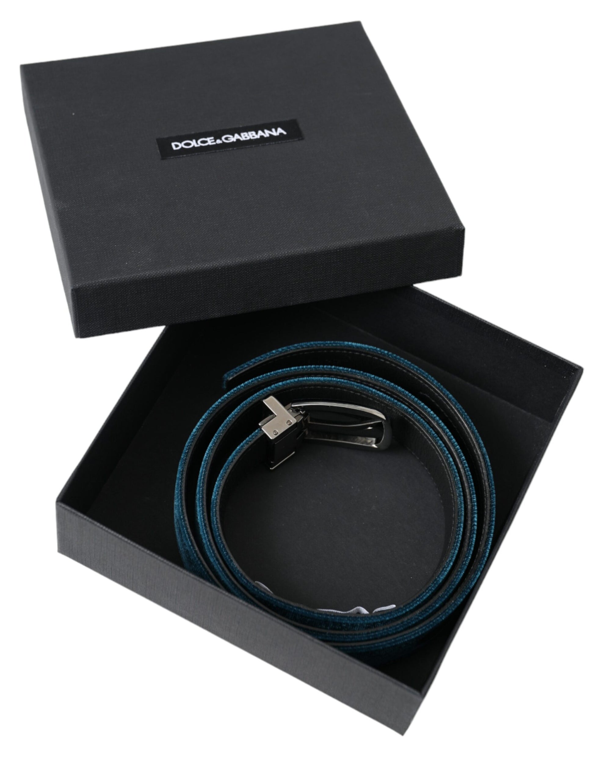 Dolce & Gabbana Blue Velvet Leather Silver Metal Buckle Belt Curated Luxury Accessories by Orvyn