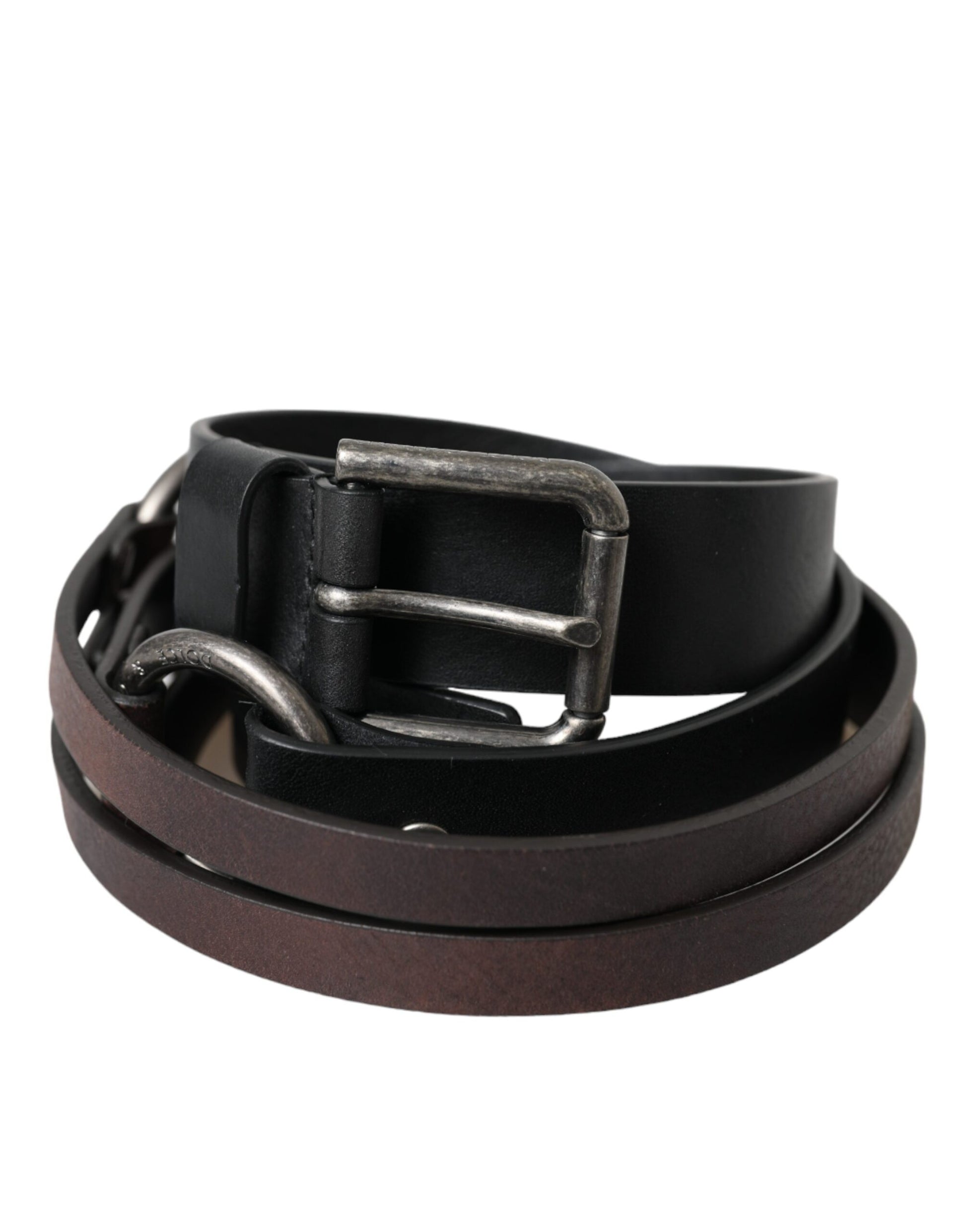 Dolce & Gabbana Black Brown Leather Silver Metal Buckle Belt Curated Luxury Accessories by Orvyn