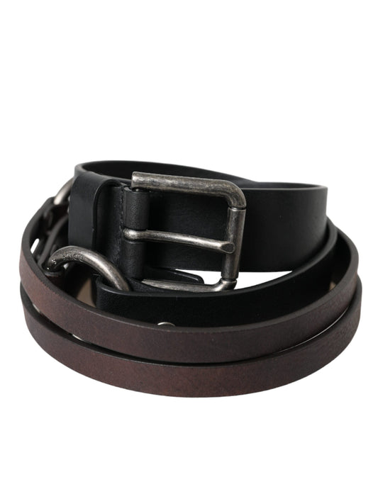 Dolce & Gabbana Black Brown Leather Silver Metal Buckle Belt Curated Luxury Accessories by Orvyn