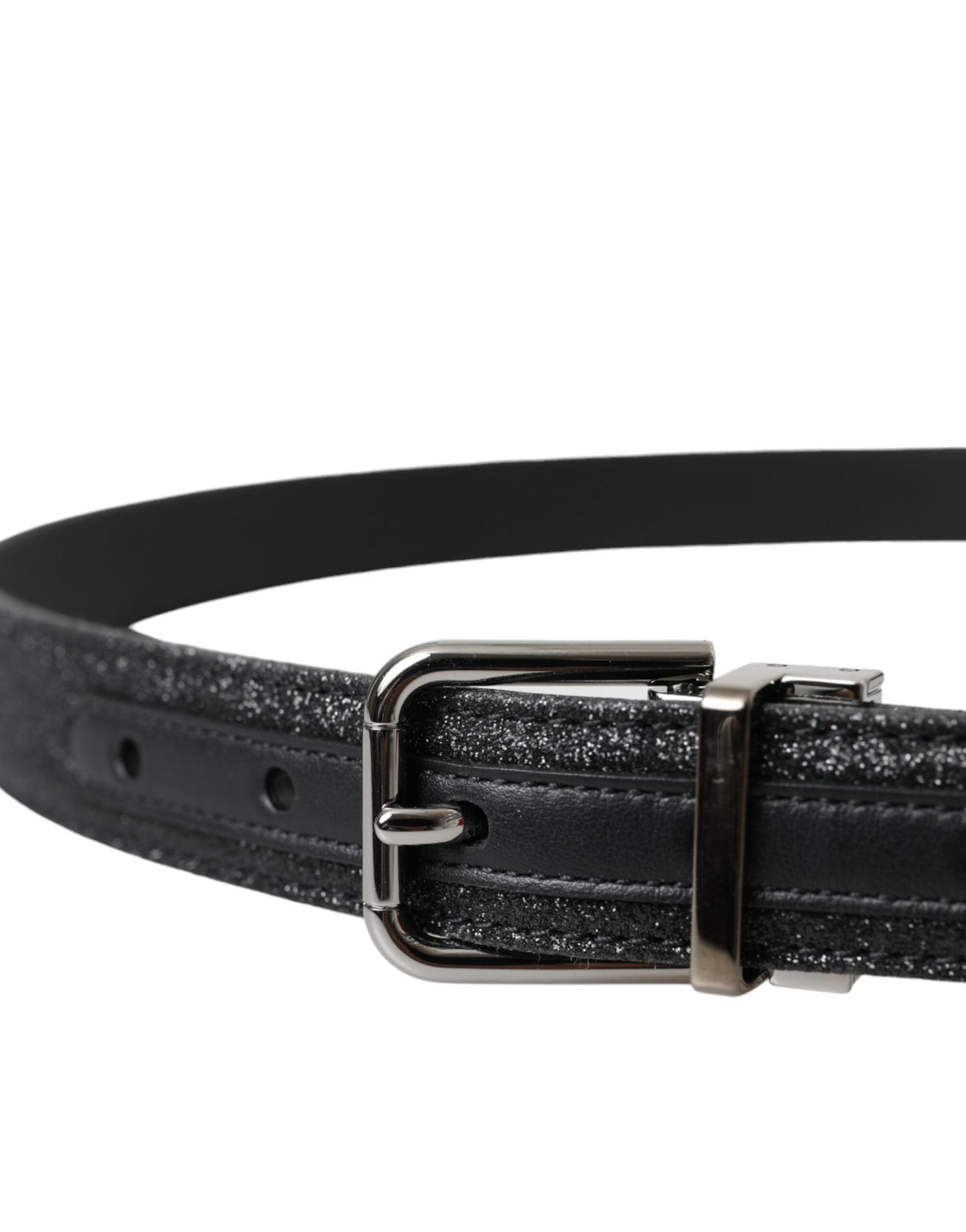 Dolce & Gabbana Black Glittered Leather Silver Buckle Belt Curated Luxury Accessories by Orvyn