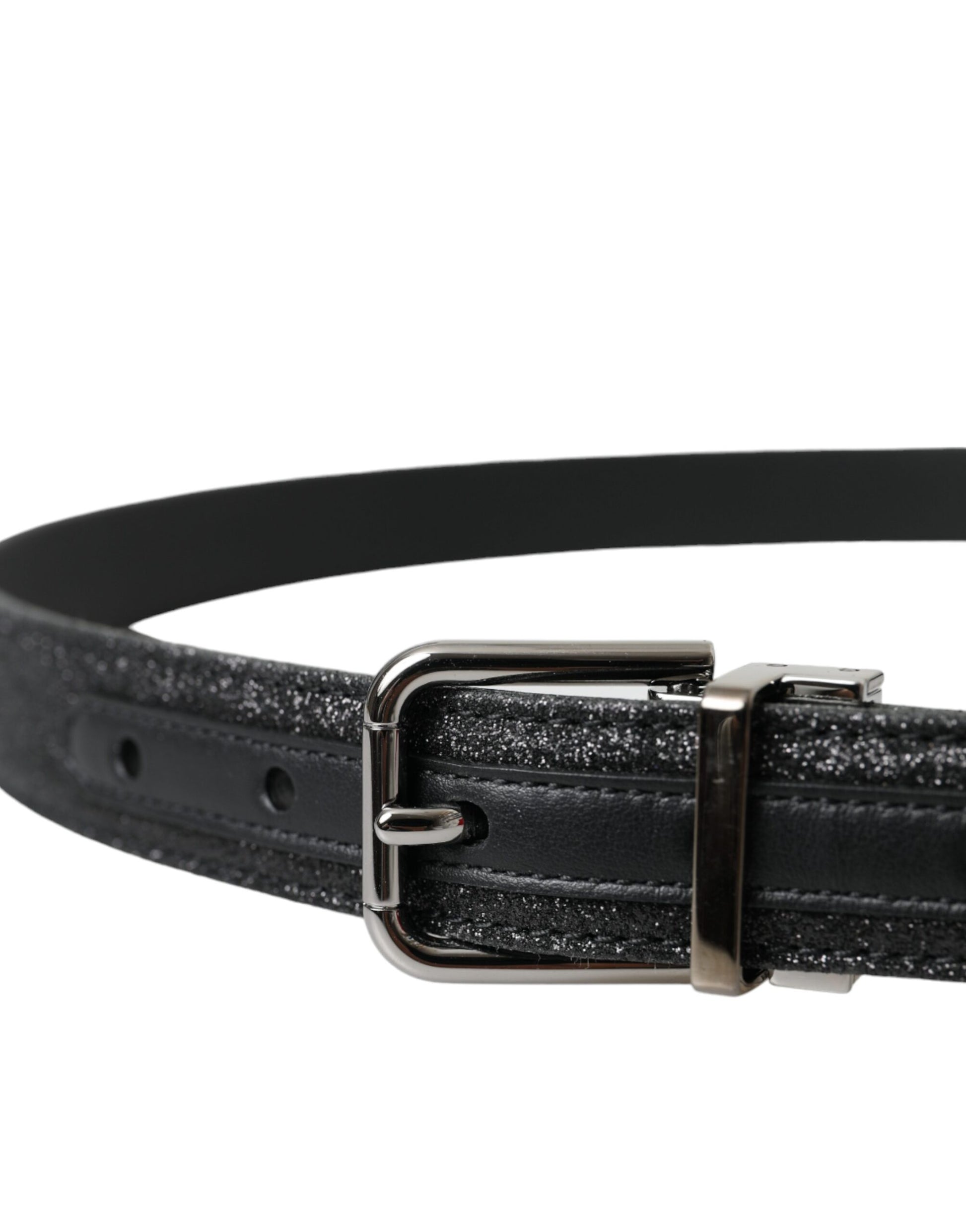 Dolce & Gabbana Black Glittered Leather Silver Buckle Belt Curated Luxury Accessories by Orvyn