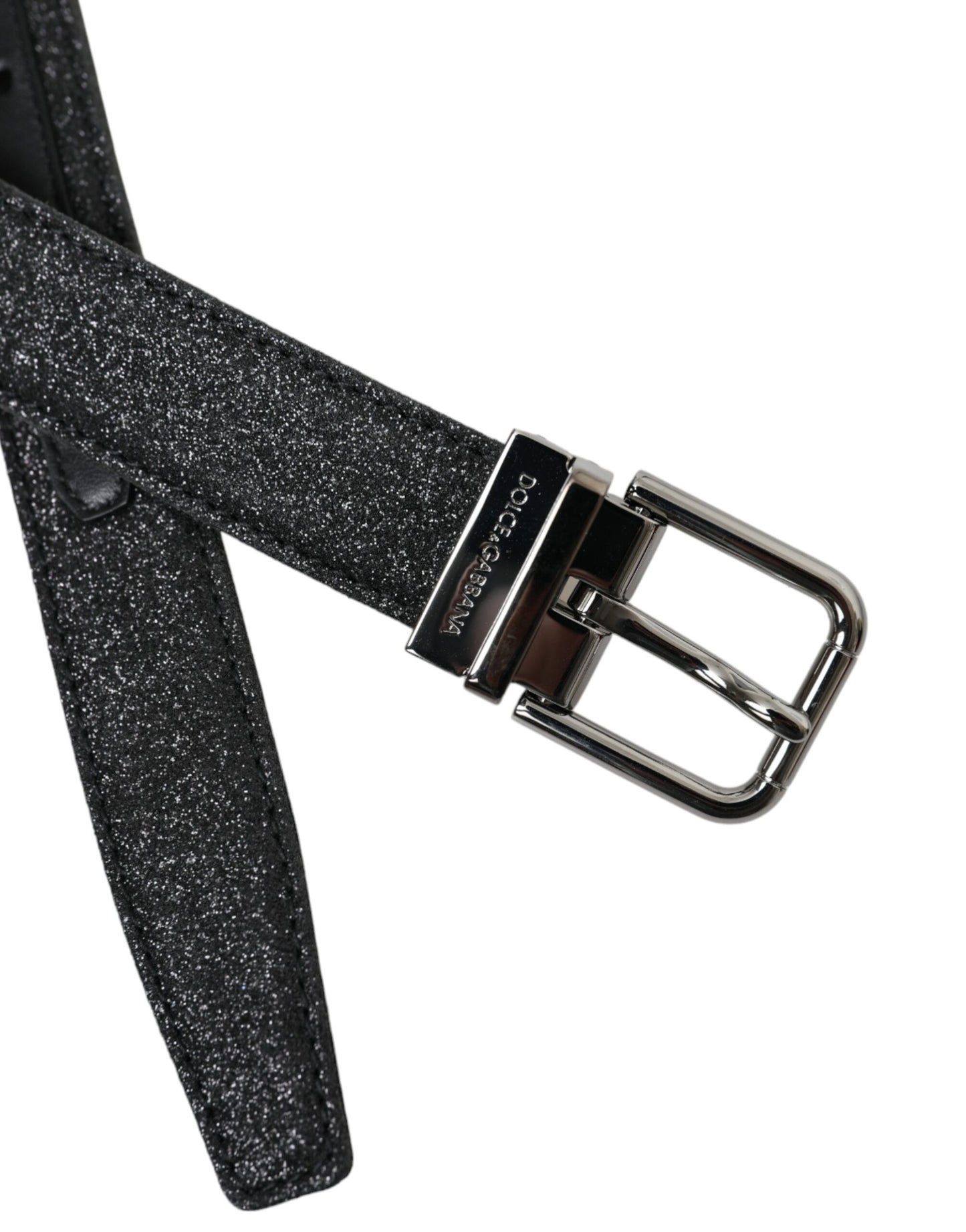 Dolce & Gabbana Black Glittered Leather Silver Buckle Belt Curated Luxury Accessories by Orvyn