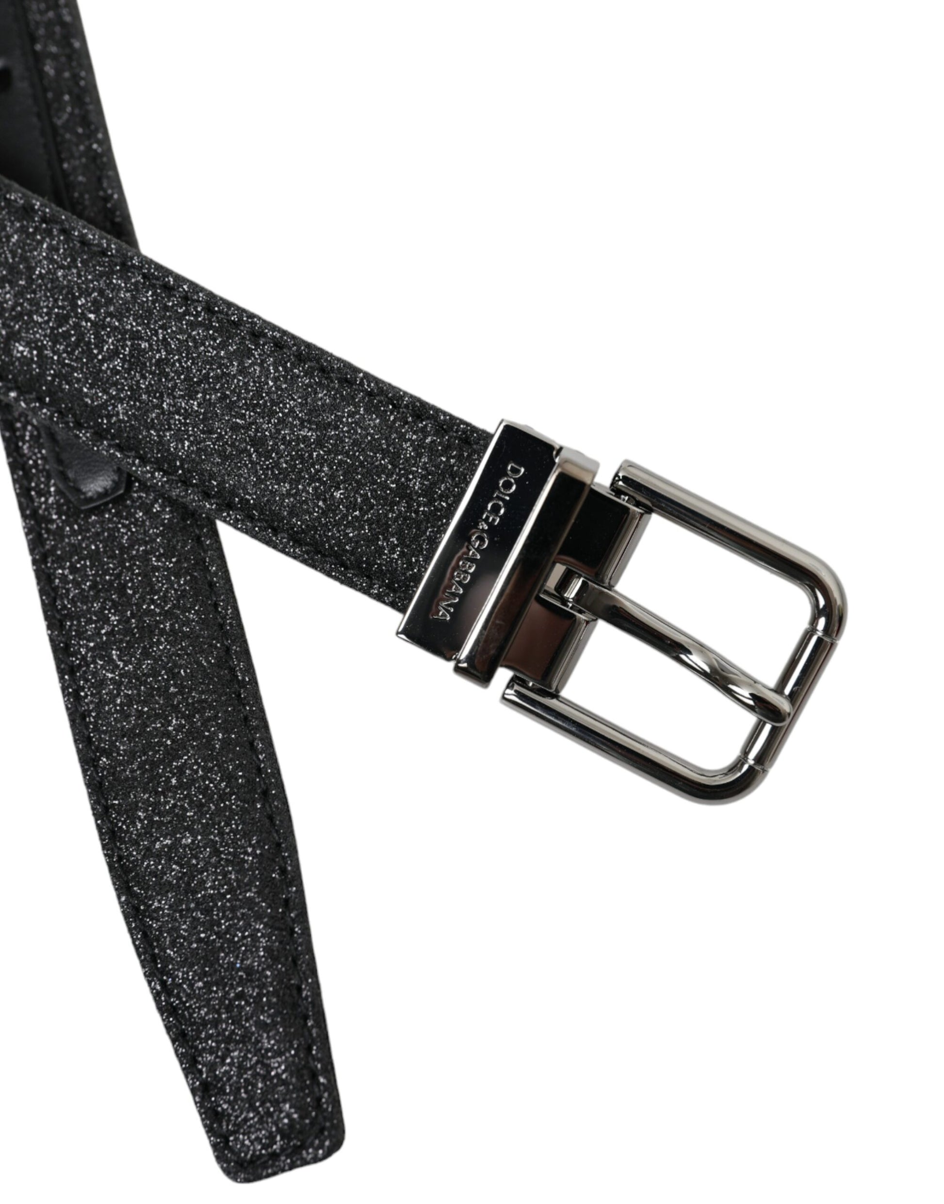 Dolce & Gabbana Black Glittered Leather Silver Buckle Belt Curated Luxury Accessories by Orvyn
