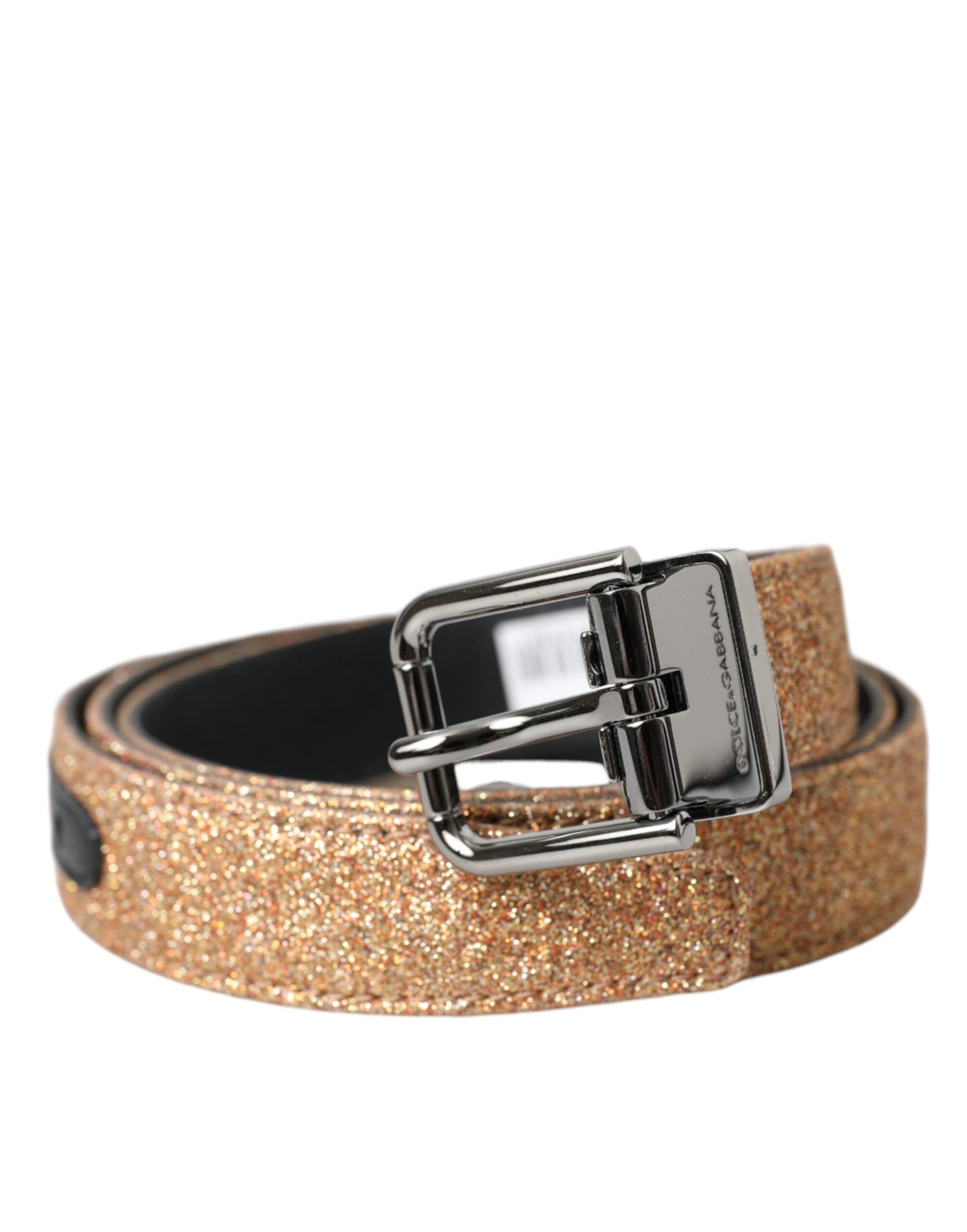 Dolce & Gabbana Gold Glitter Leather Silver Metal Buckle Belt Curated Luxury Accessories by Orvyn